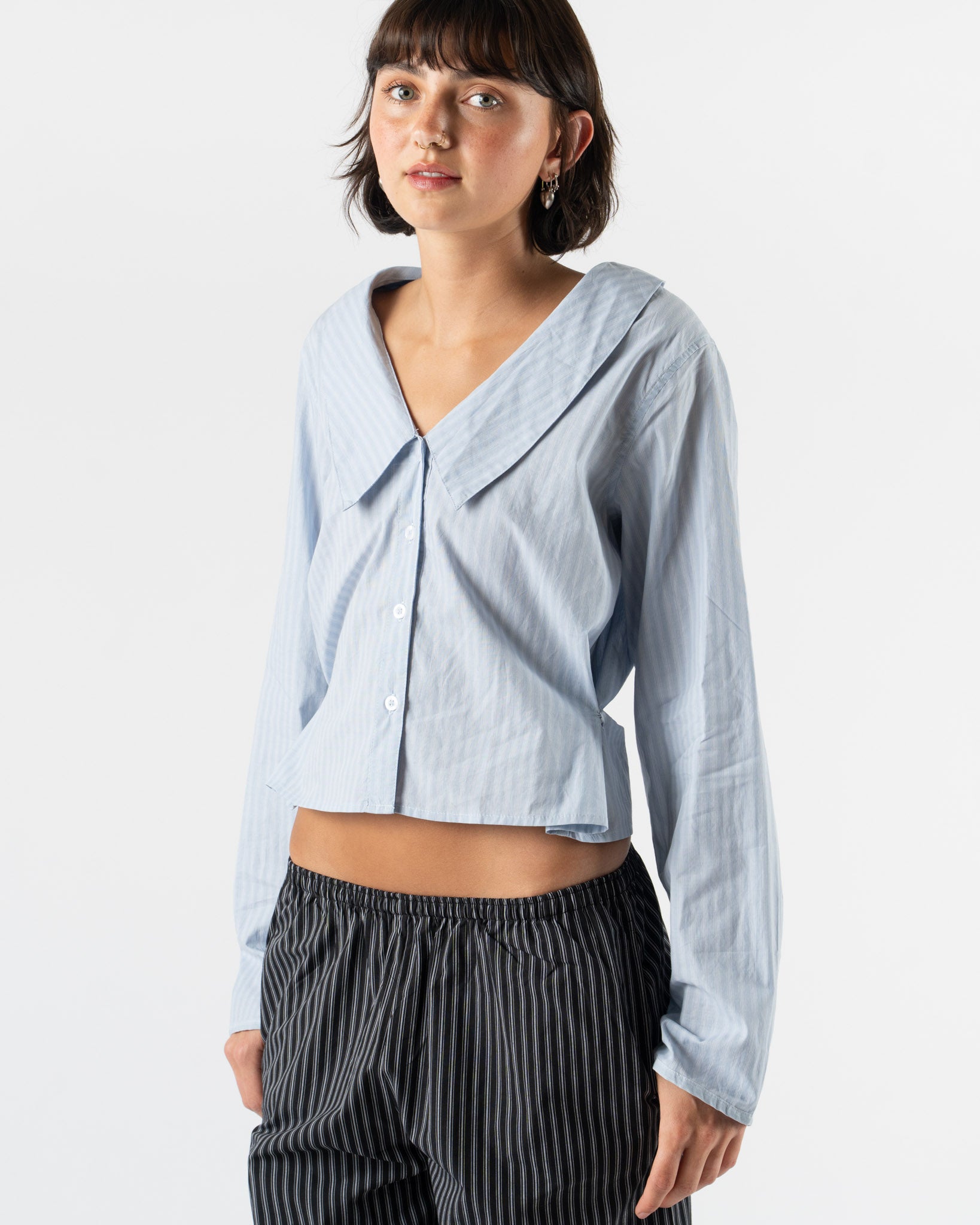 Deiji Studios Waist Button Shirt in Lake Blue Stripe