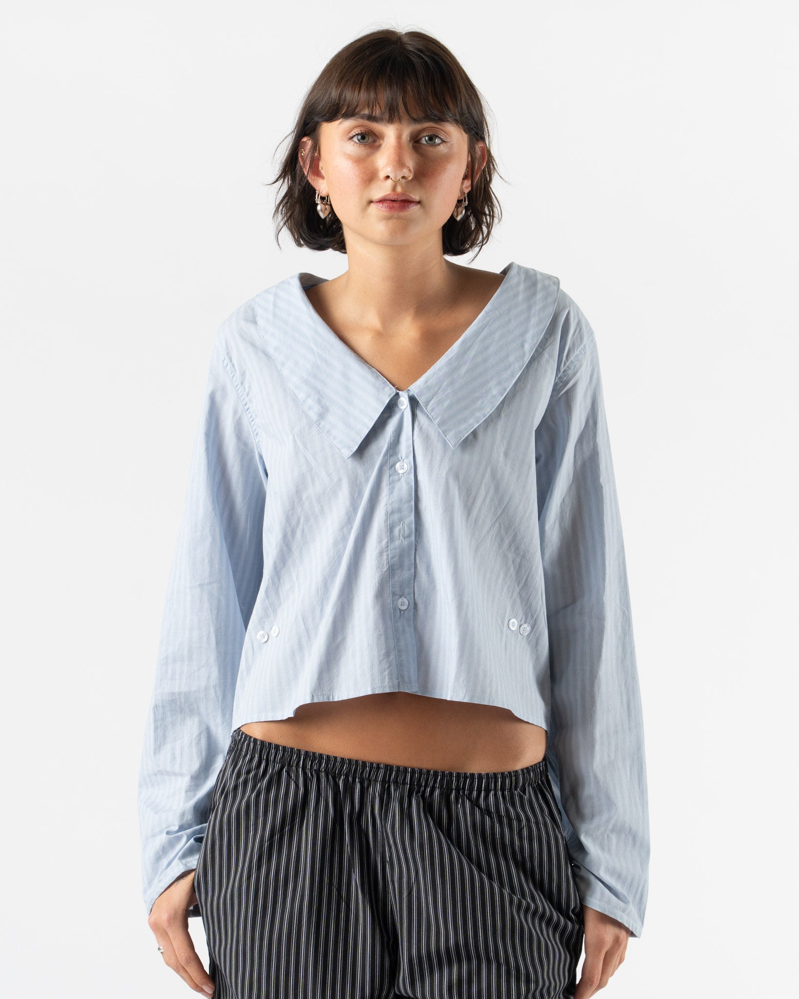 Deiji Studios Waist Button Shirt in Lake Blue Stripe