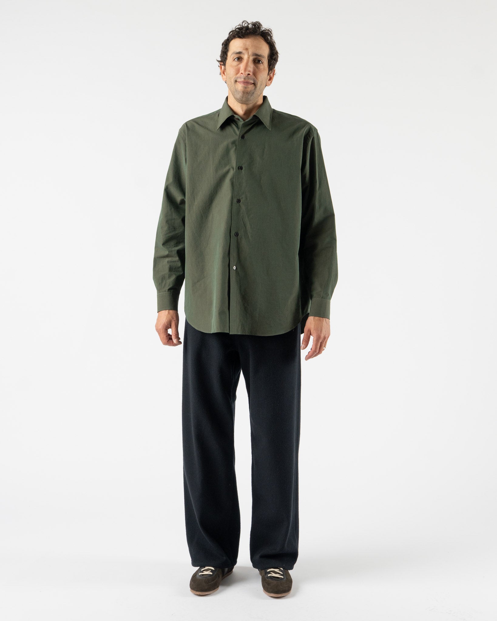Auralee Washed Finx Weather Chambray Shirt in Dark Olive Curated
