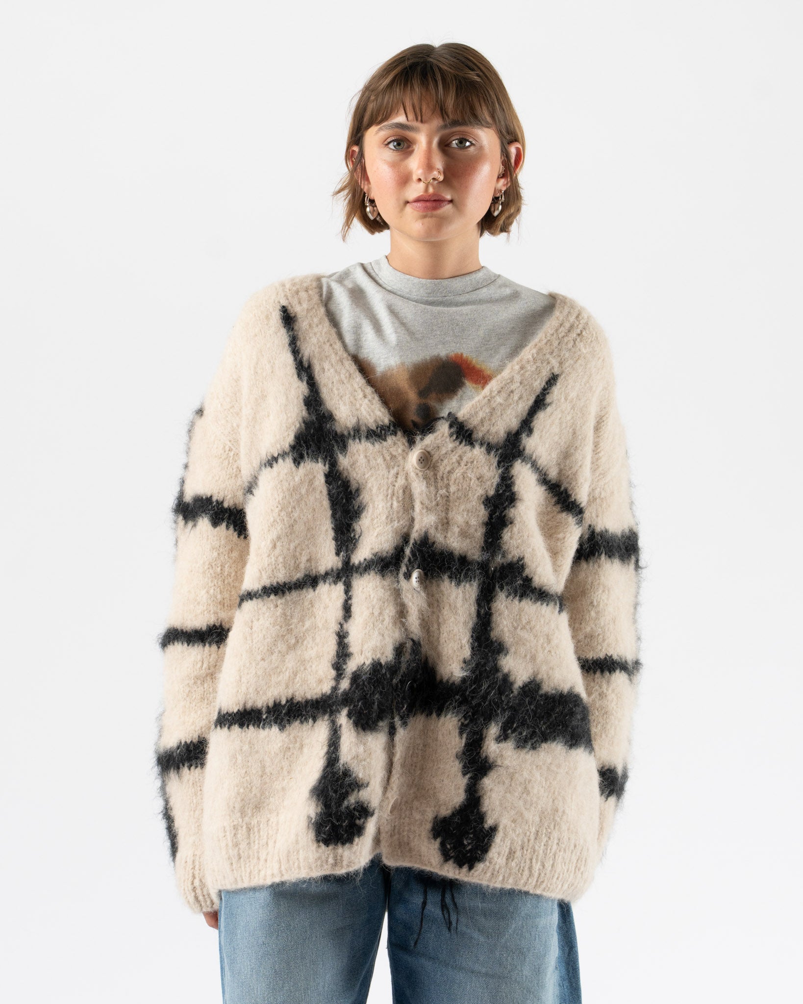 Wild Animals Windowpane Black Hand Knitted Cardigan