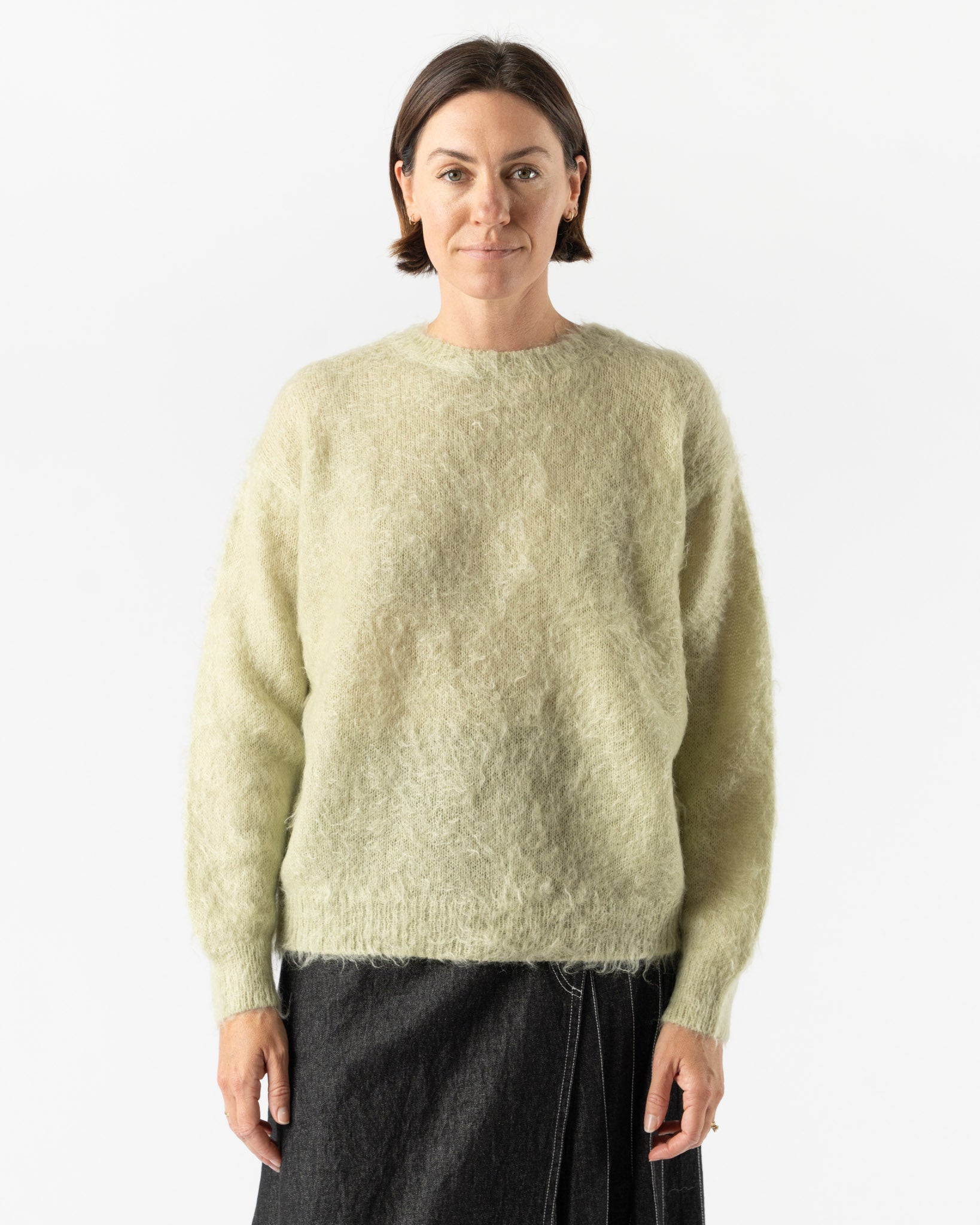 Auralee Womens Brushed Super Kid Mohair Knit Pullover in Light Khaki