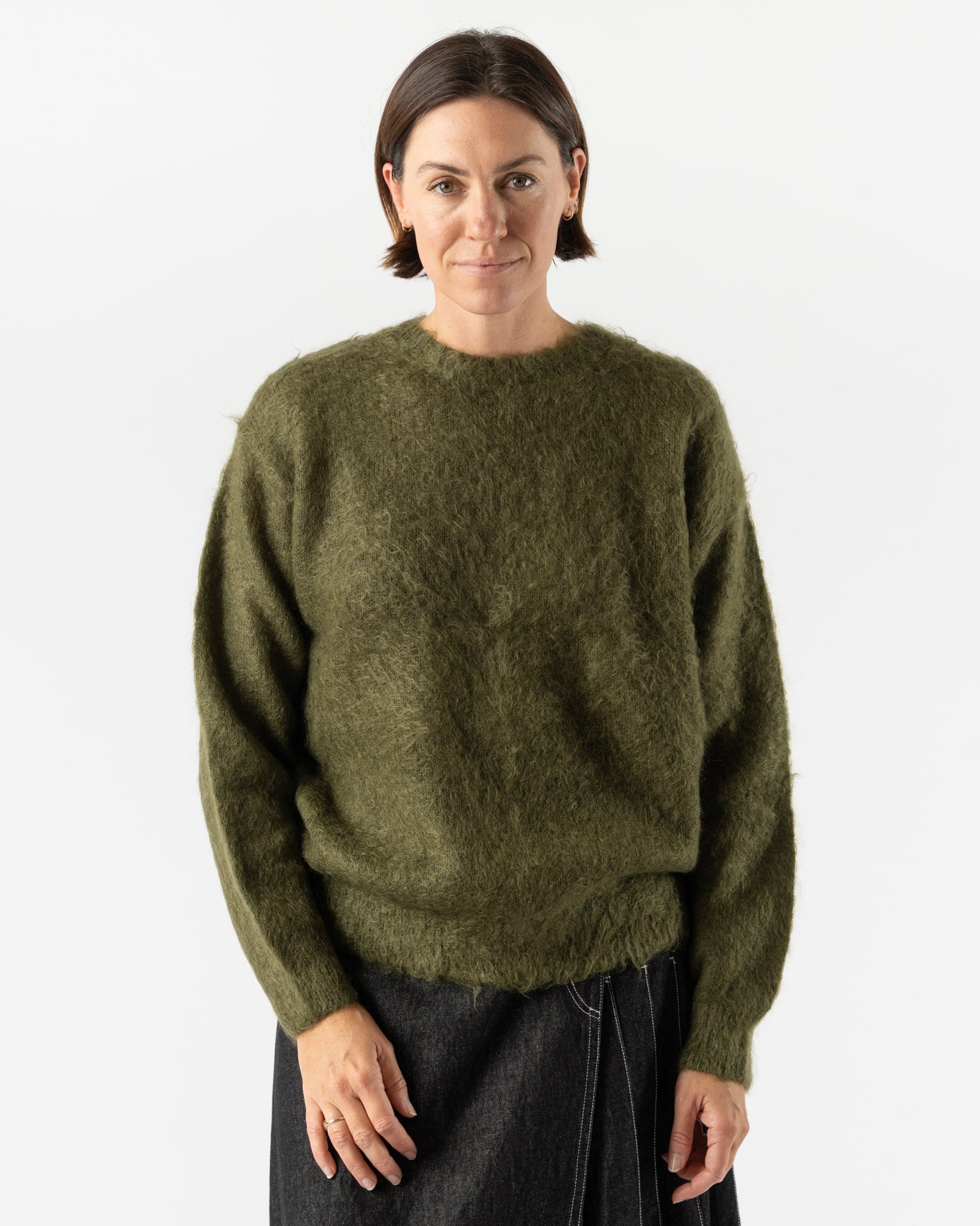 Auralee Womens Brushed Super Kid Mohair Knit Pullover in Olive