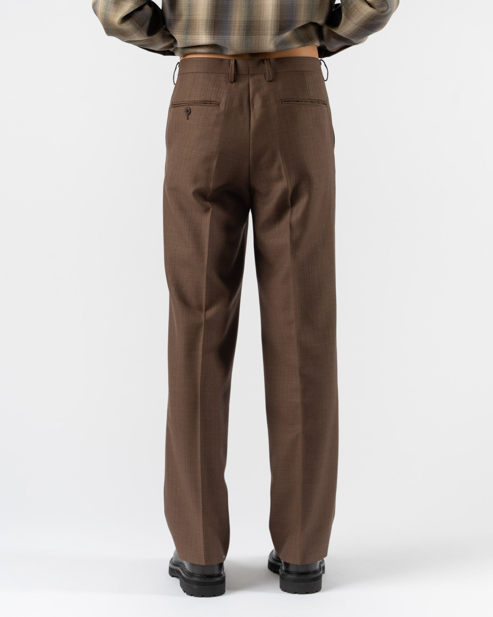 Auralee Bluefaced Wool Narrow Slacks in Brown Red Stripe