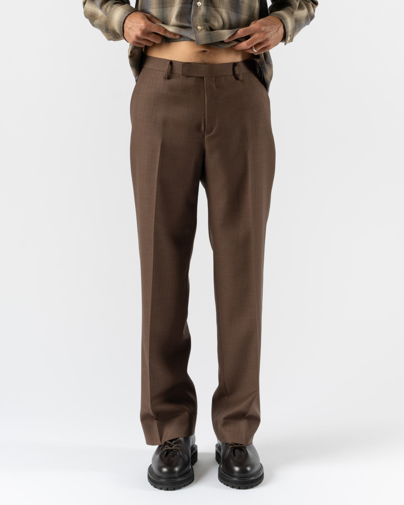 Auralee Bluefaced Wool Narrow Slacks in Brown Red Stripe