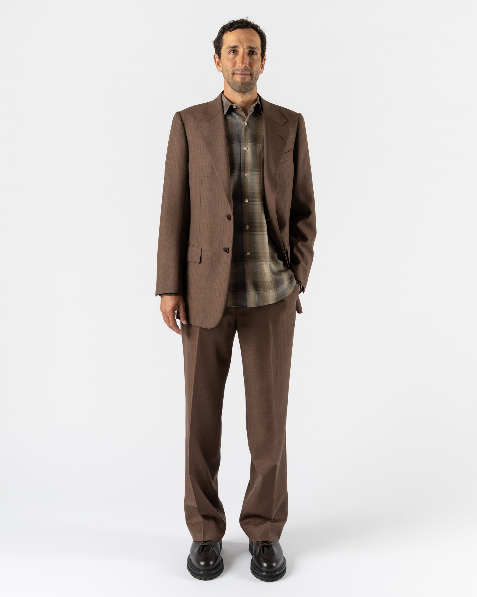 Auralee Bluefaced Wool Narrow Slacks in Brown Red Stripe Curated