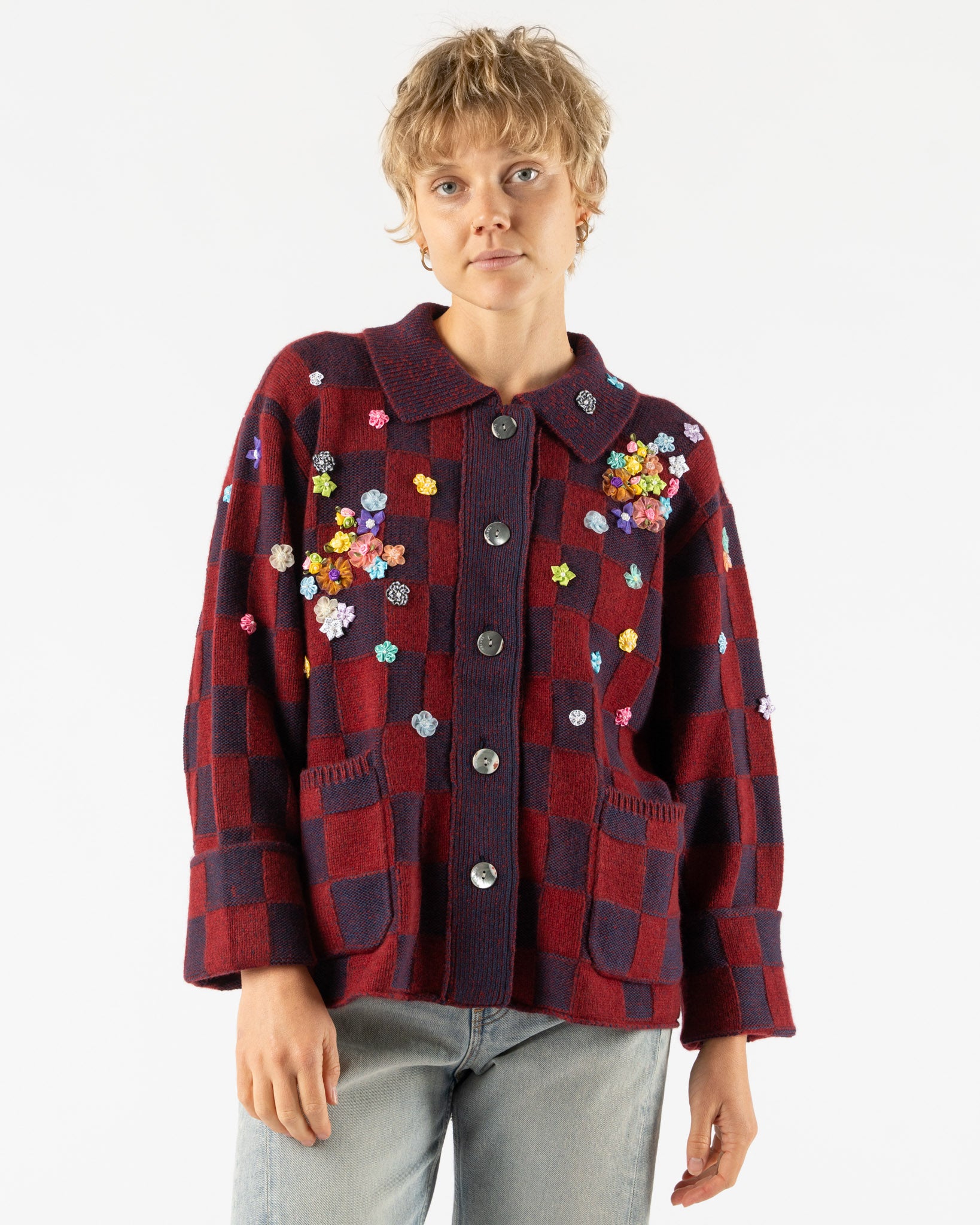 YanYan Fireworks Knitted Work Jacket in Wine/Navy