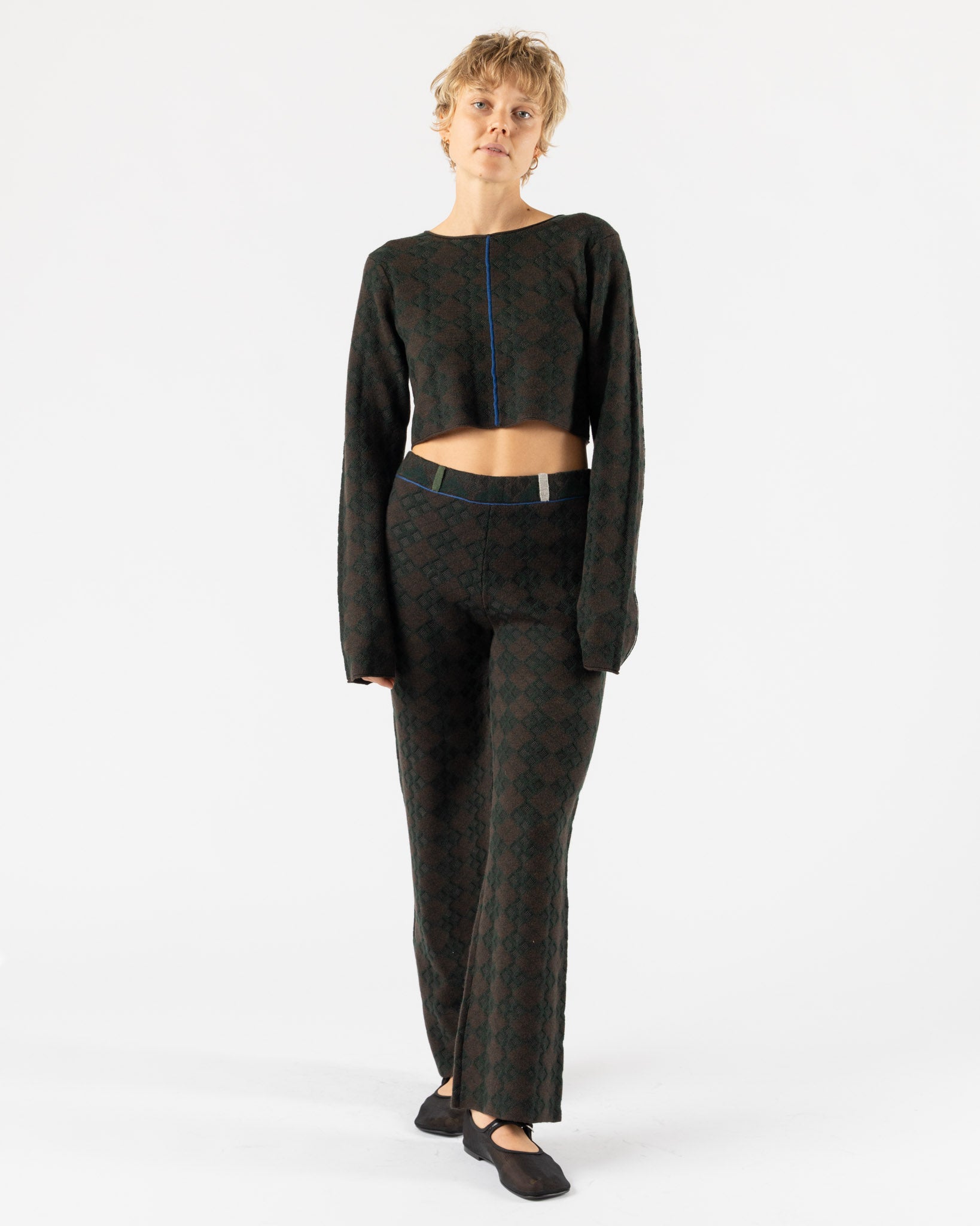 YanYan Argyle Easy Crop Crew in Brown/Green