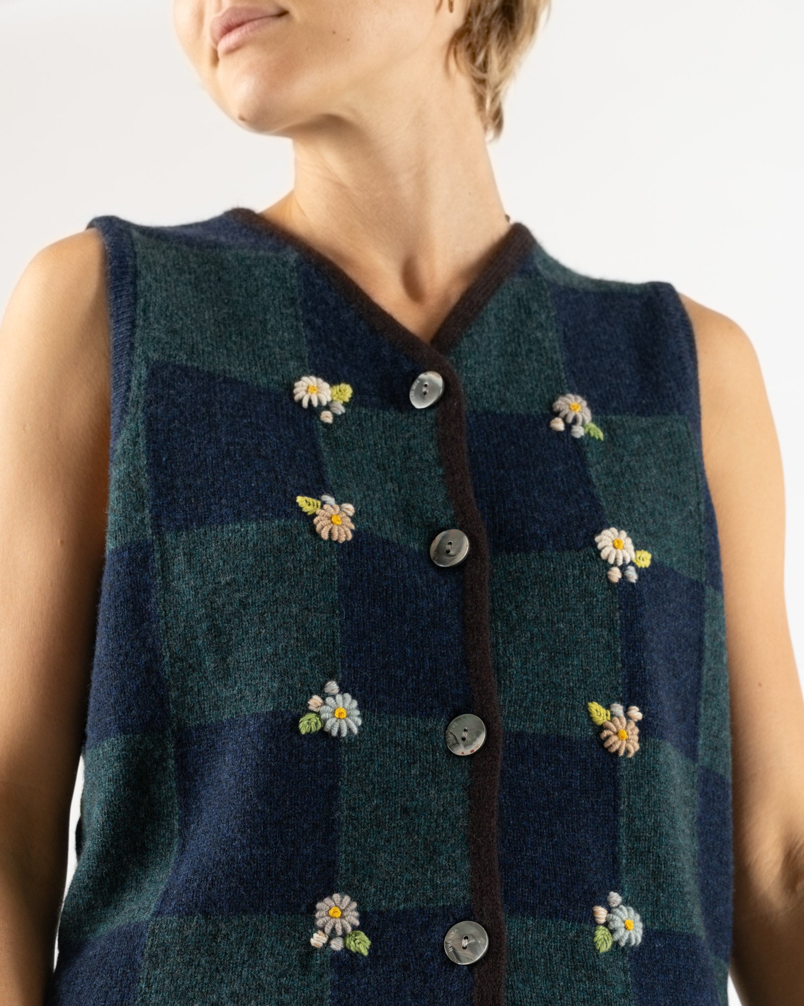 YanYan Daisy Check Work Waistcoat in Navy