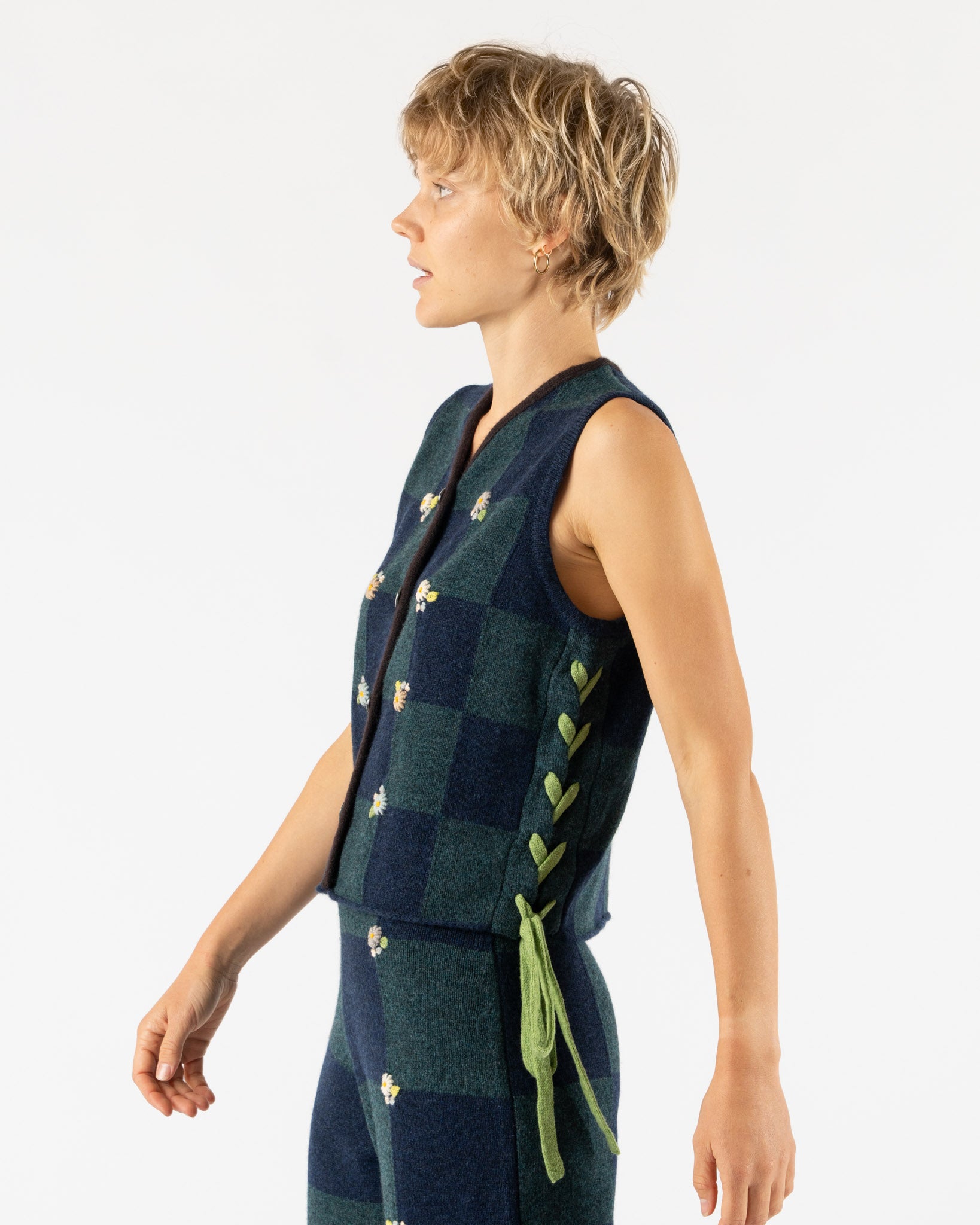 YanYan Daisy Check Work Waistcoat in Navy