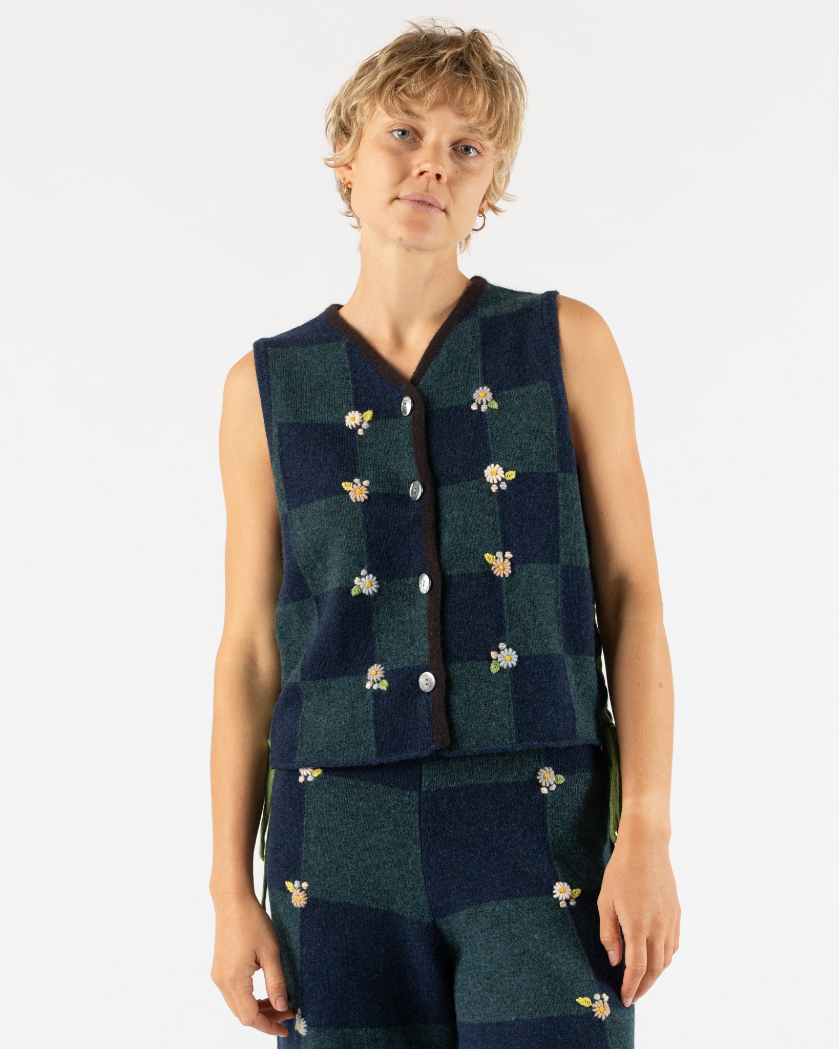 YanYan Daisy Check Work Waistcoat in Navy