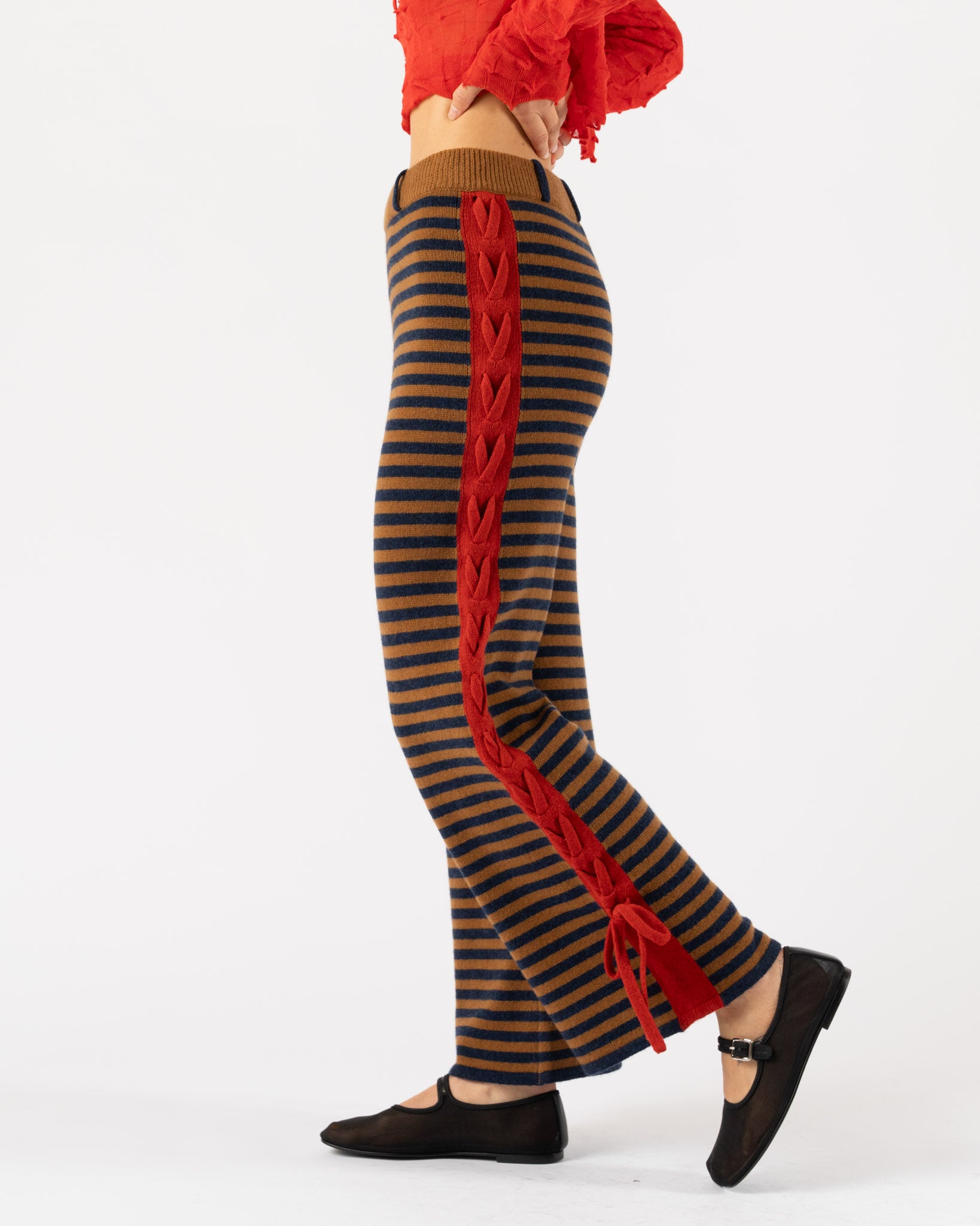 YanYan Striped Lambswool Laceup Pant in Camel/Navy/Red