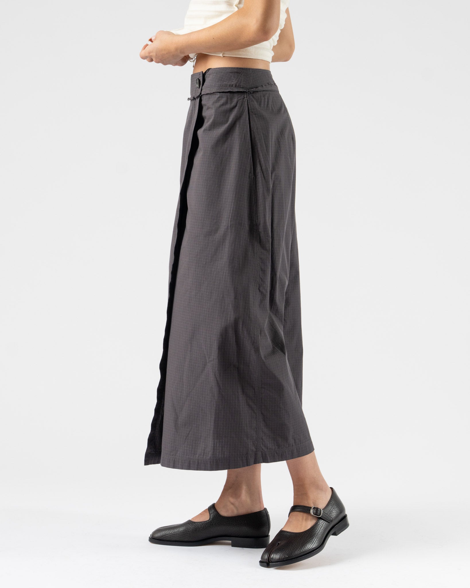 mfpen Classic Wrap Skirt in Mushroom Micro Check Poplin