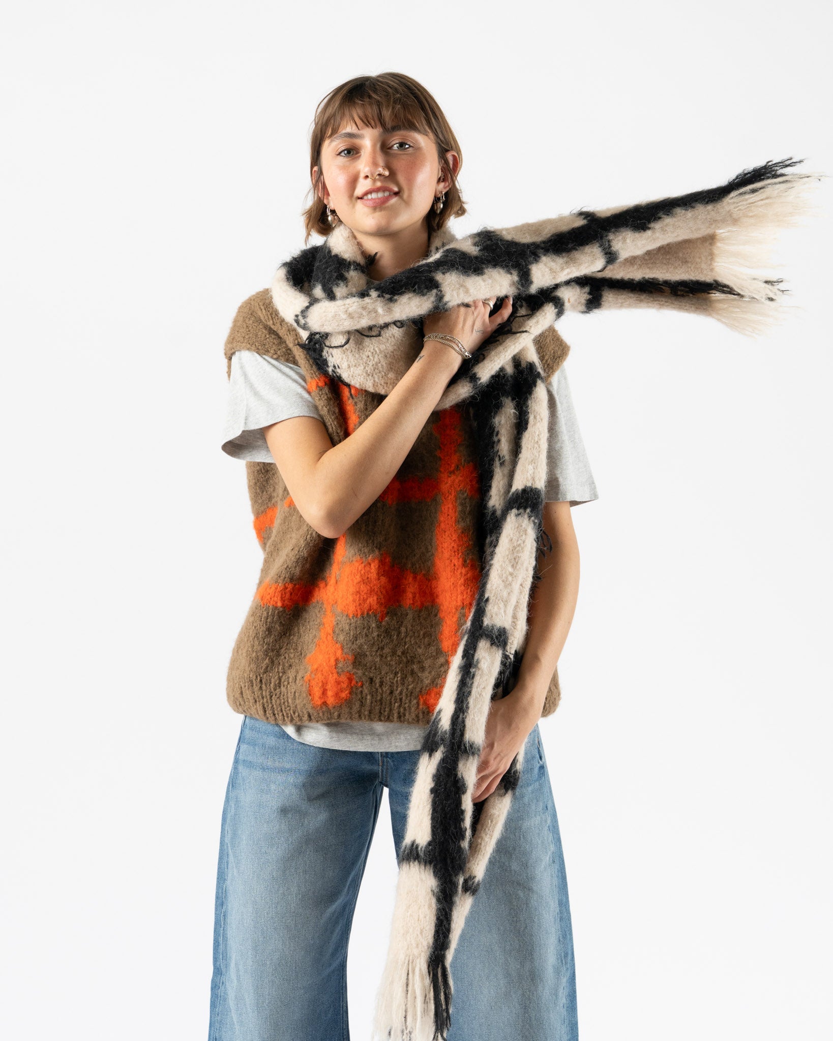 Wild Animals Windowpane Orange Hand Knitted Vest