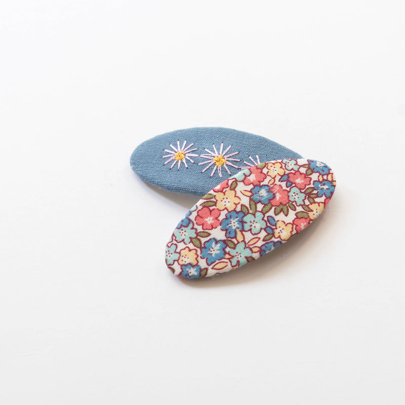 Tangle Shiny Stars - Oval Embroidered Floral Snap Hair Clips | Blue