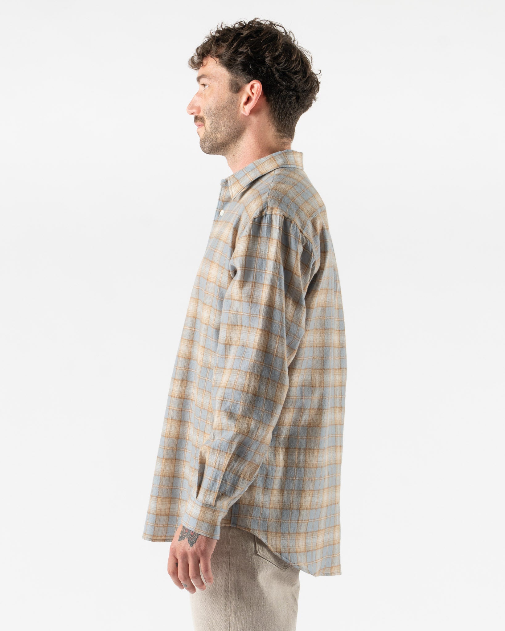 Auralee Airy Wool Check Shirt in Light Blue x Beige