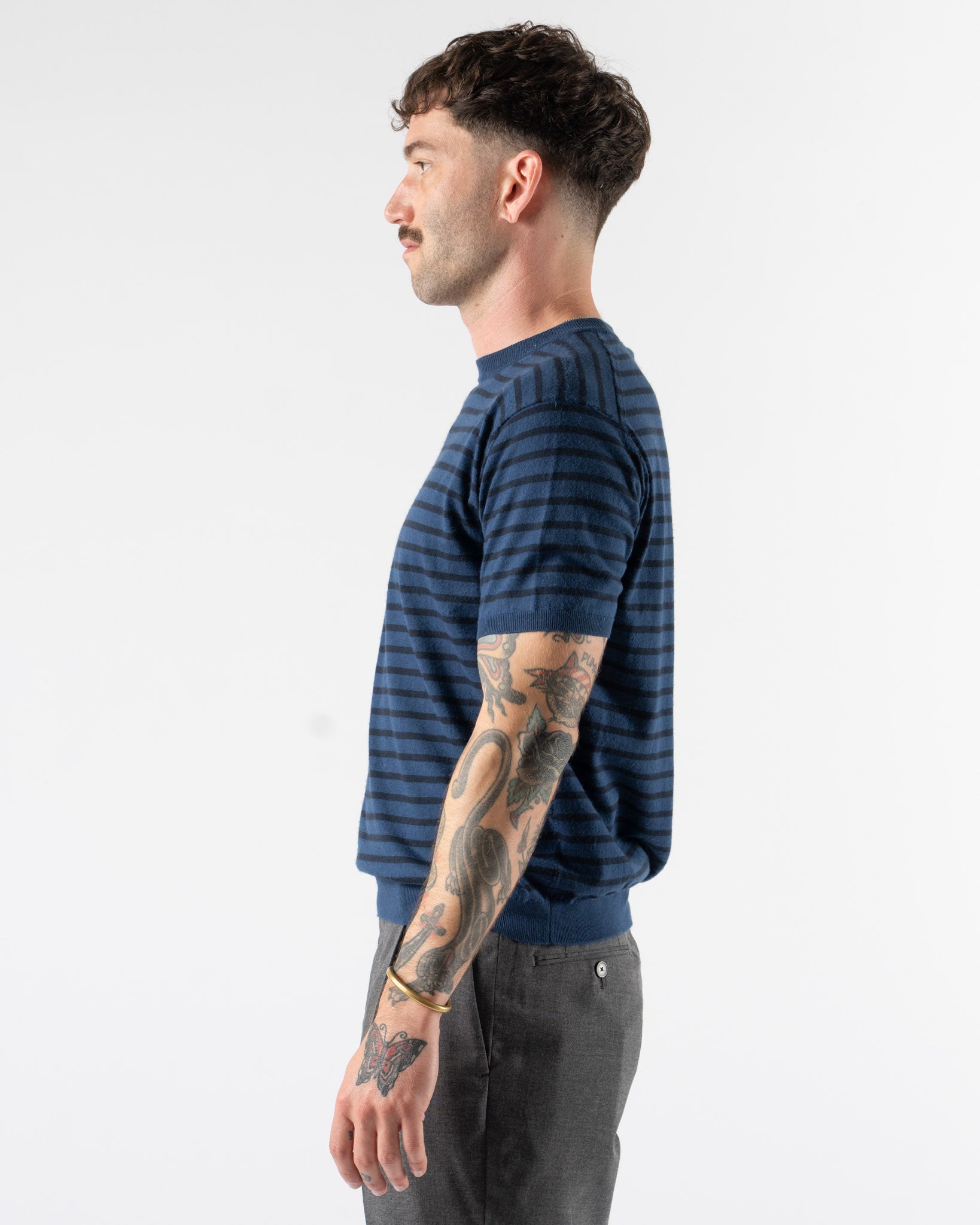 Auralee High Gauge Cotton Knit Tee in Blue Navy Stripe