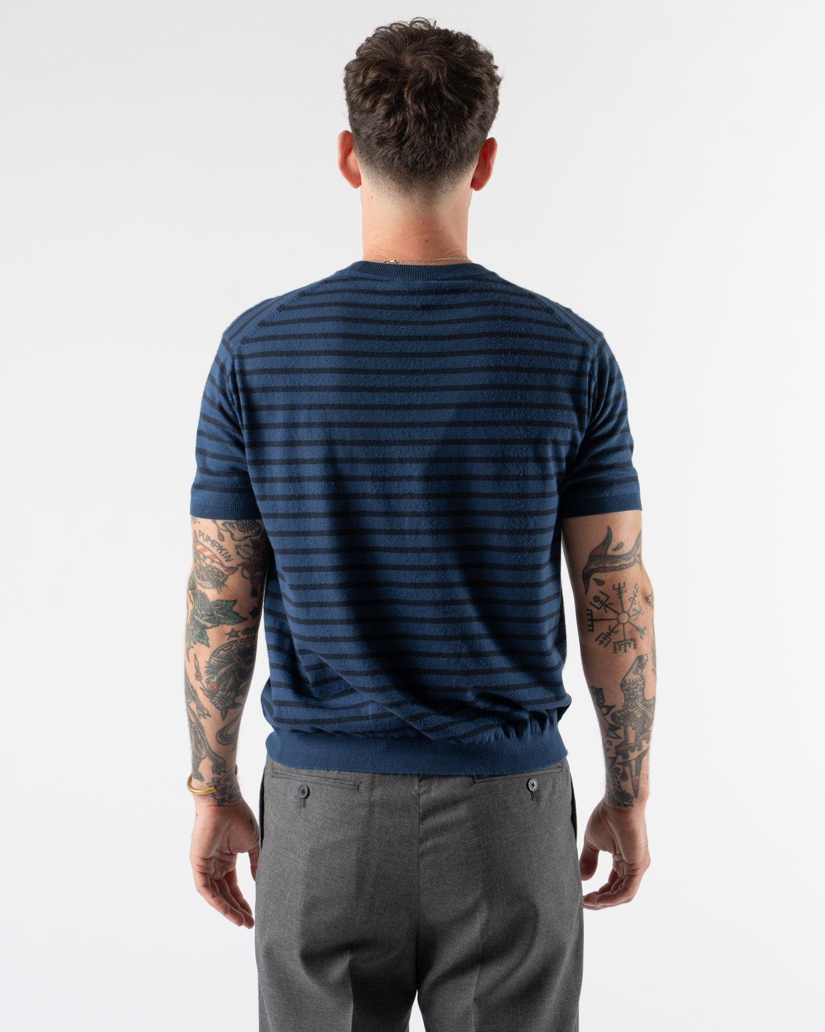 Auralee High Gauge Cotton Knit Tee in Blue Navy Stripe