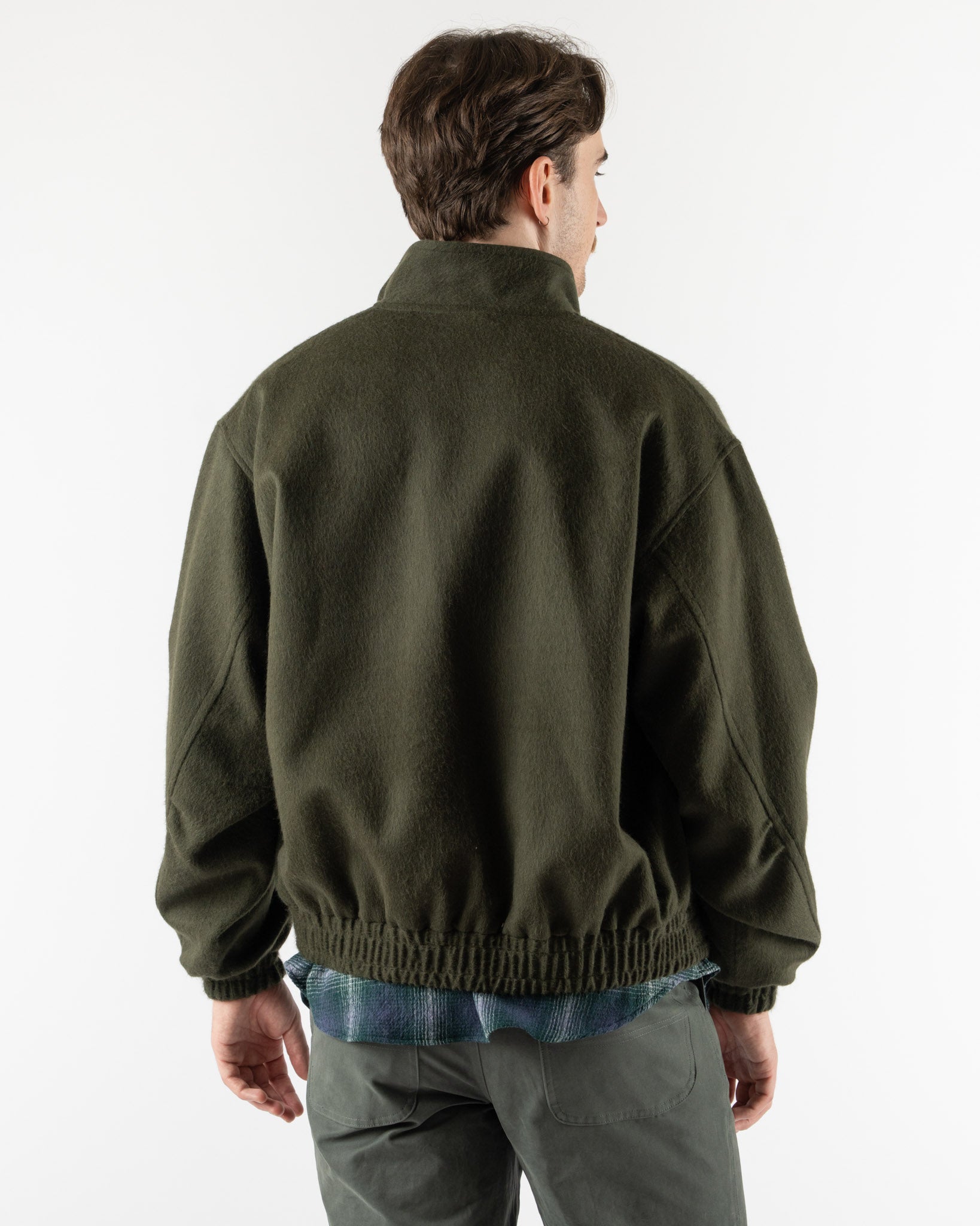 Auralee Baby Camel Flannel Zip Blouson in Dark Olive Curated at