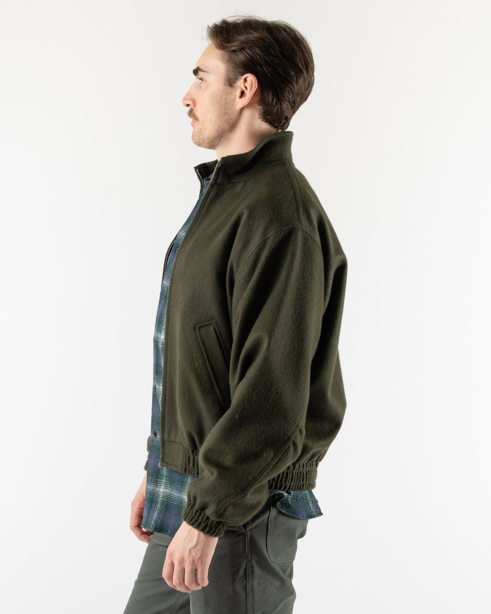 Auralee Baby Camel Flannel Zip Blouson in Dark Olive Curated at