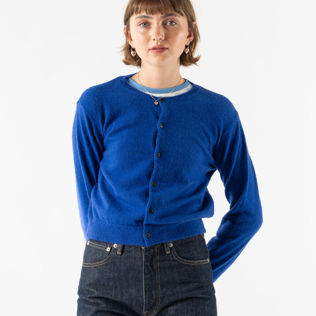Auralee Brushed Cashmere Cotton Knit Cardigan in Royal Blue 