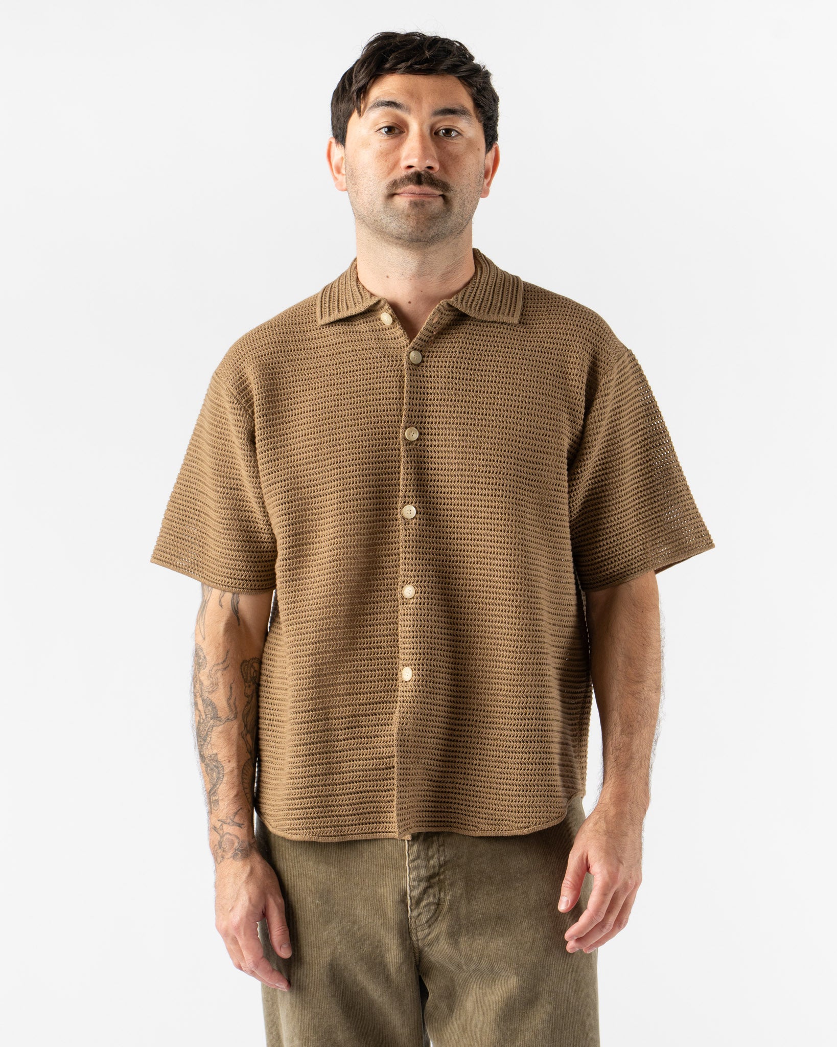 Auralee Cotton Mesh Knit Half Sleeved Shirt in Khaki Brown