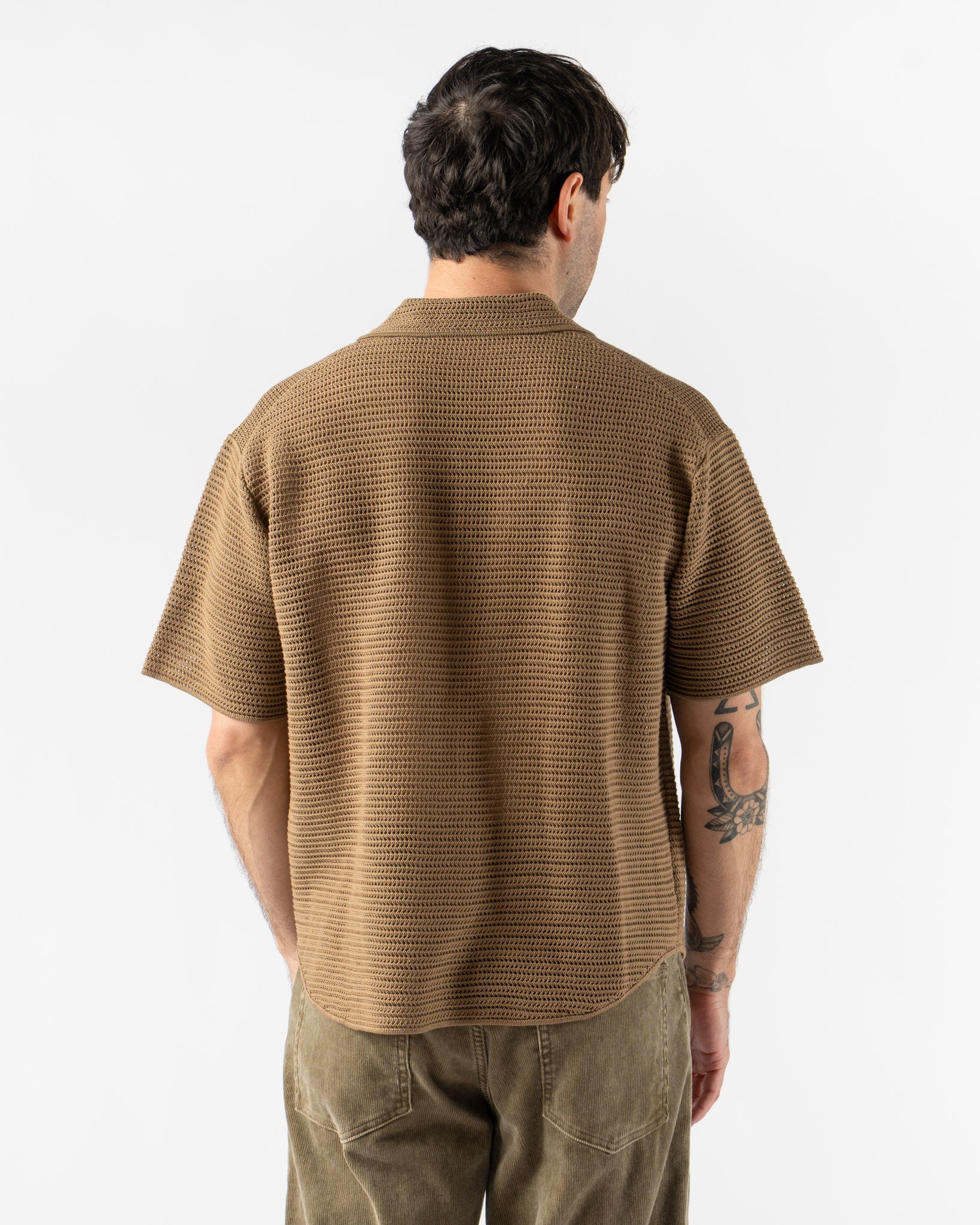 Auralee Cotton Mesh Knit Half Sleeved Shirt in Khaki Brown