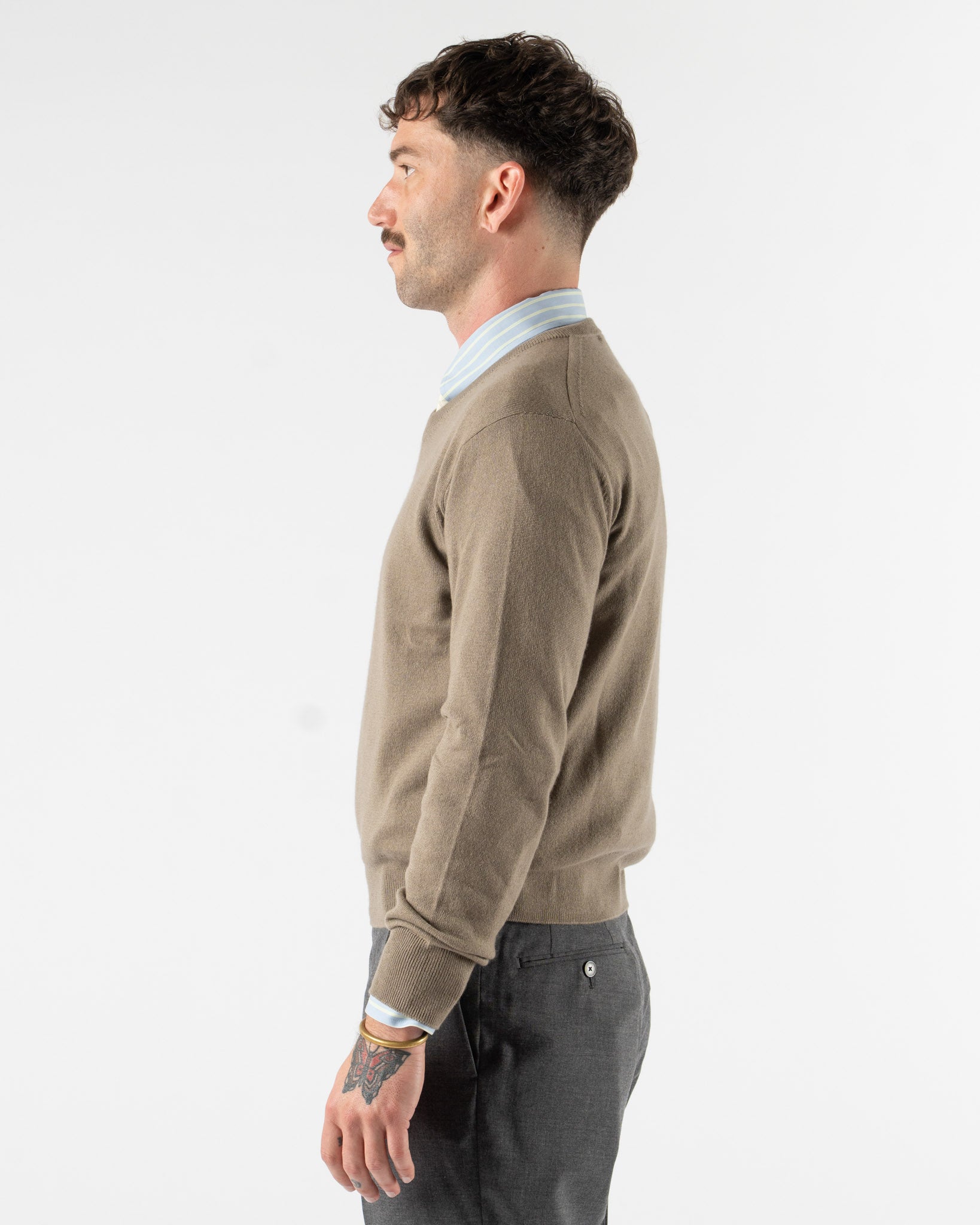 Auralee Super Fine Cashmere Silk Knit V-Neck P/O in Khaki Brown