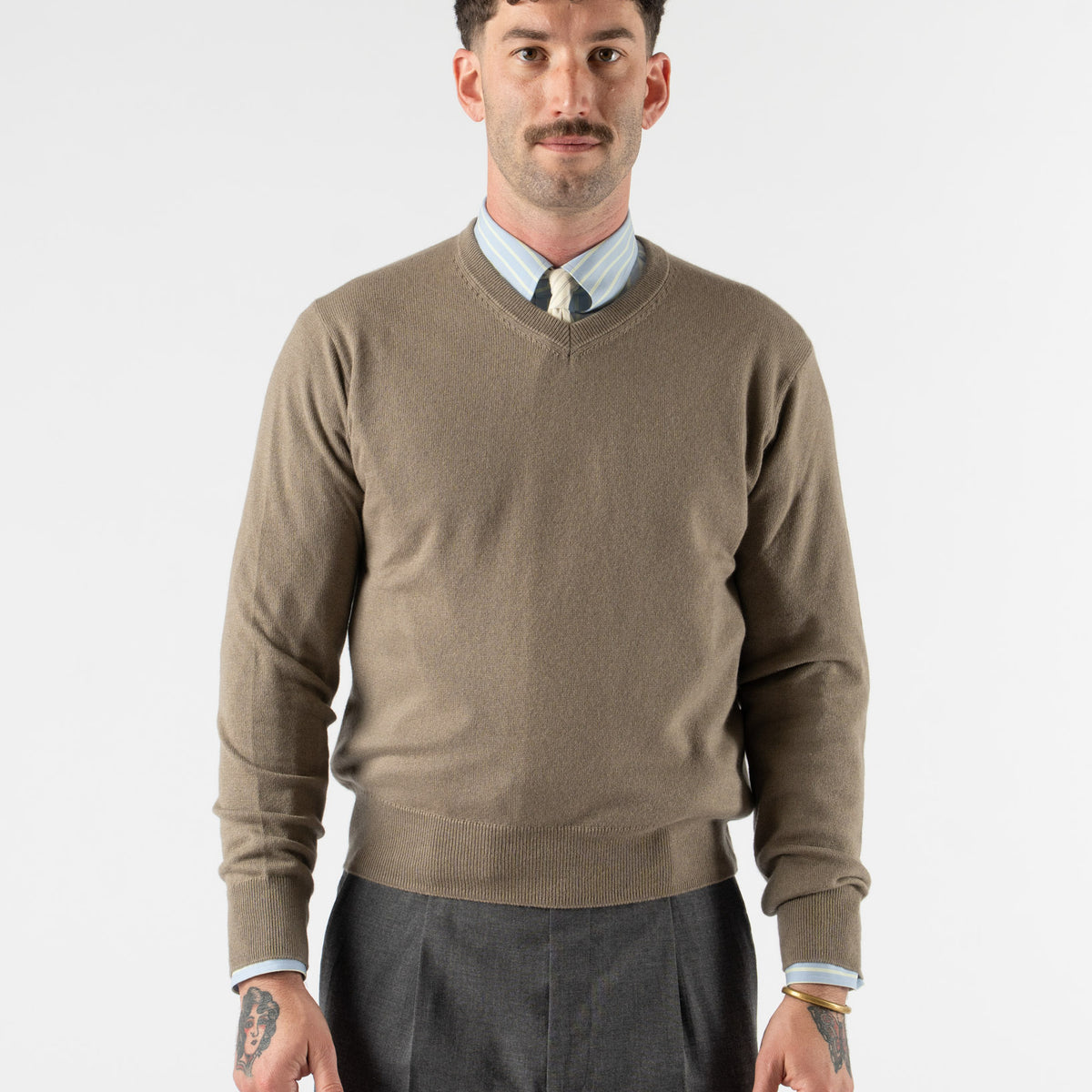 Auralee Super Fine Cashmere Silk Knit V-Neck P/O in Khaki Brown 