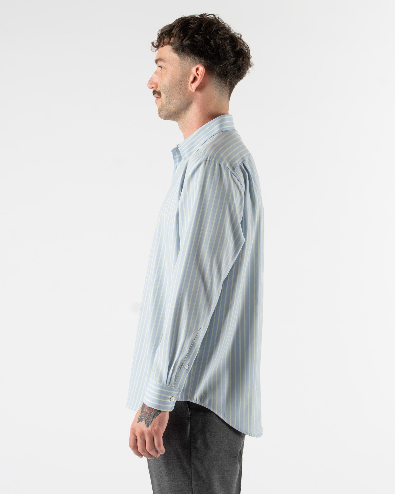 Auralee Super Fine Wool Stripe Shirt in Sax Blue