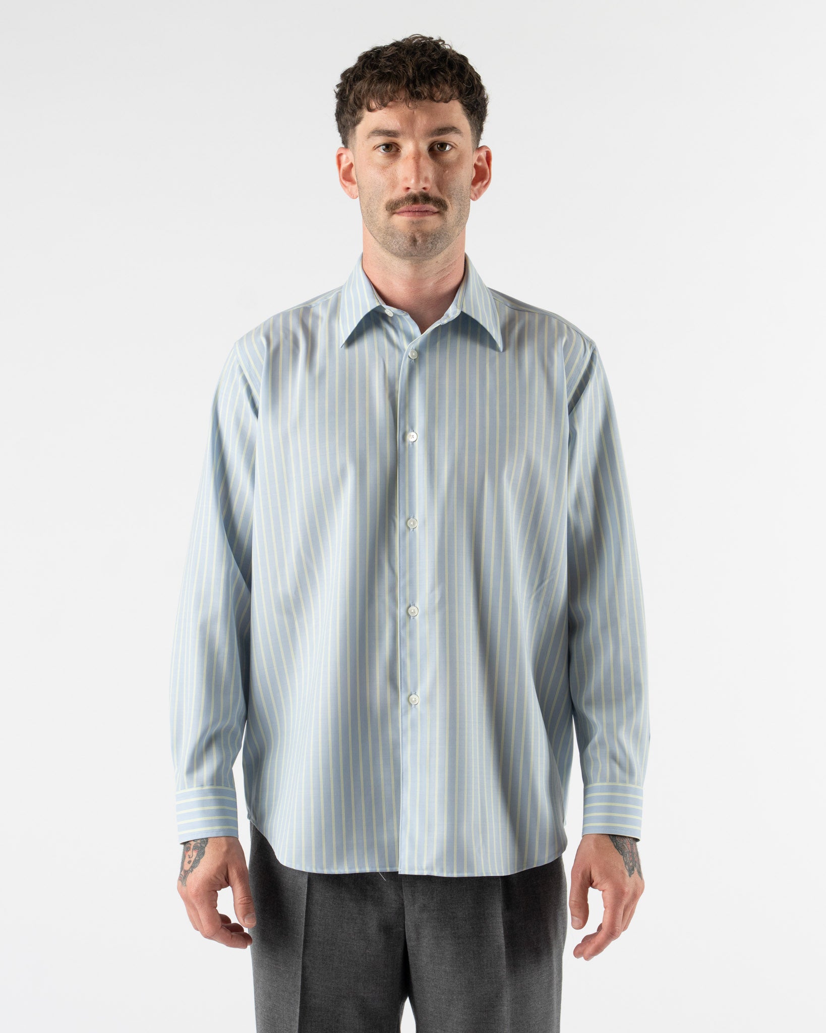 Auralee Super Fine Wool Stripe Shirt in Sax Blue