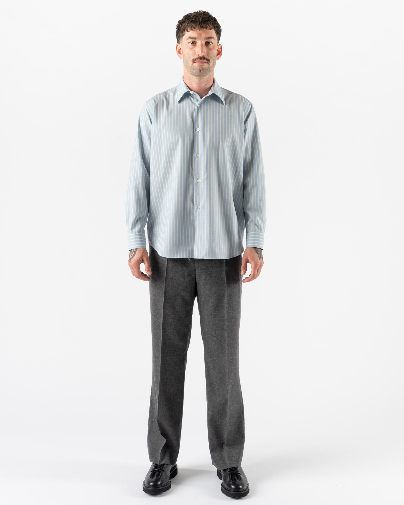 Auralee Super Fine Wool Stripe Shirt in Sax Blue