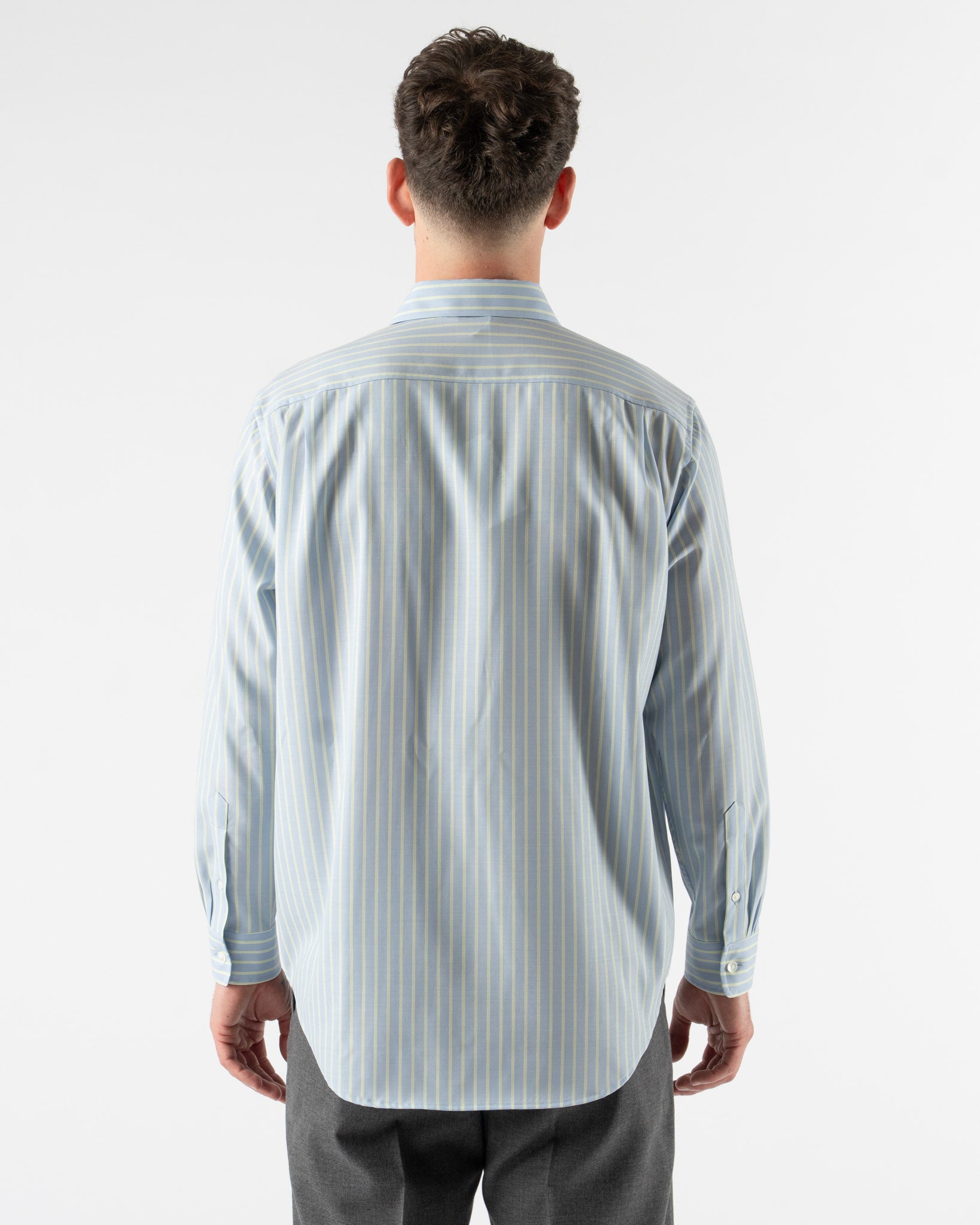 Auralee Super Fine Wool Stripe Shirt in Sax Blue