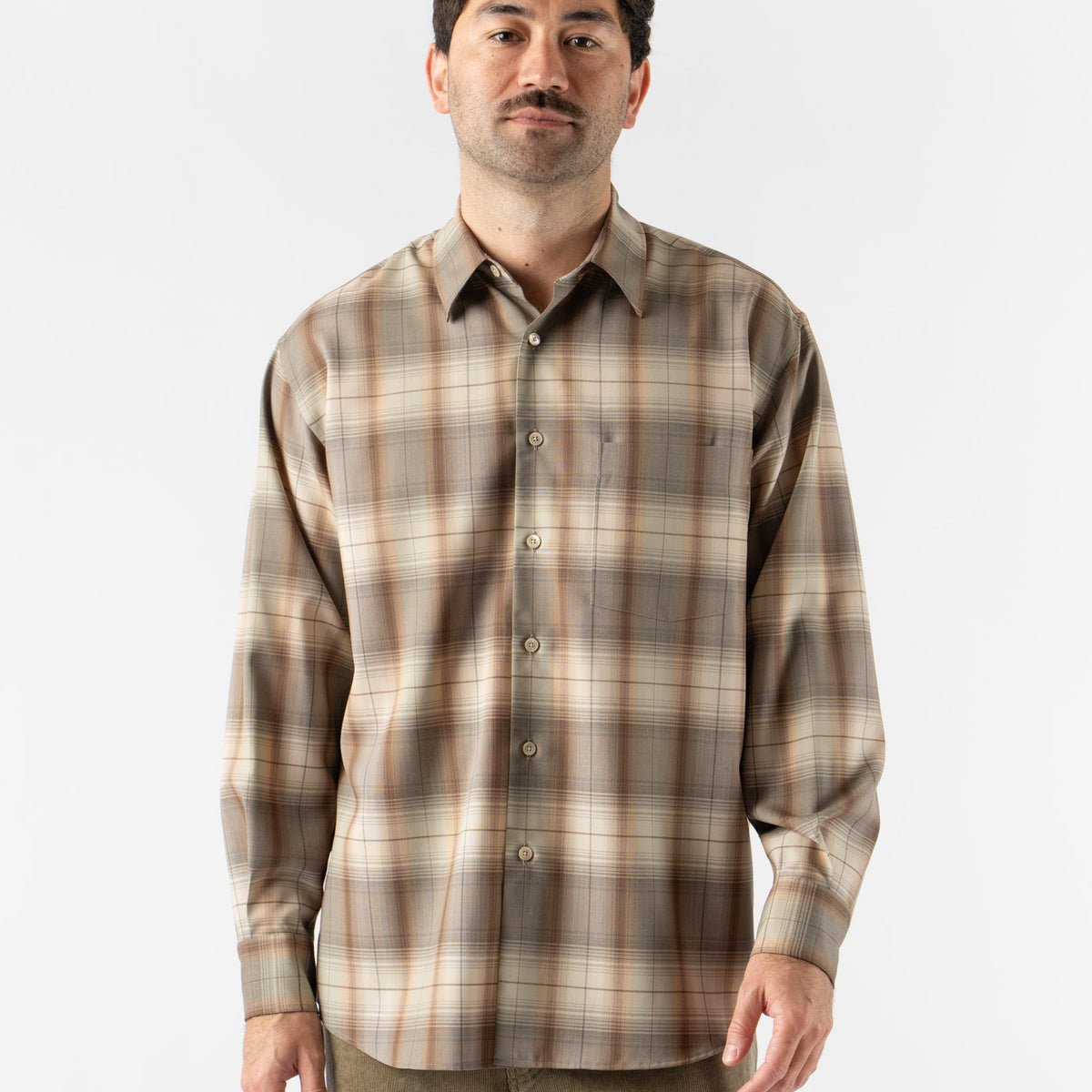 Auralee Super Light Wool Check Shirt in Gray Brown Check Curated 