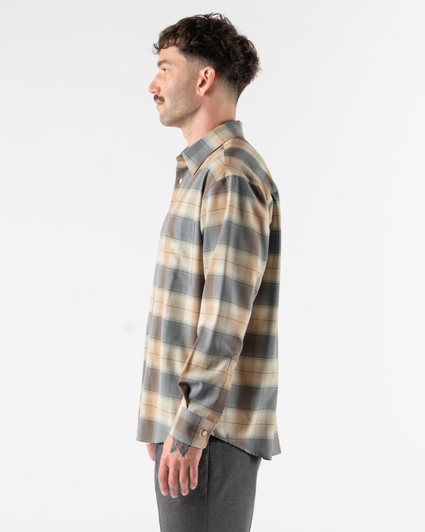 Auralee Super Light Wool Shirt in Light Brown Check