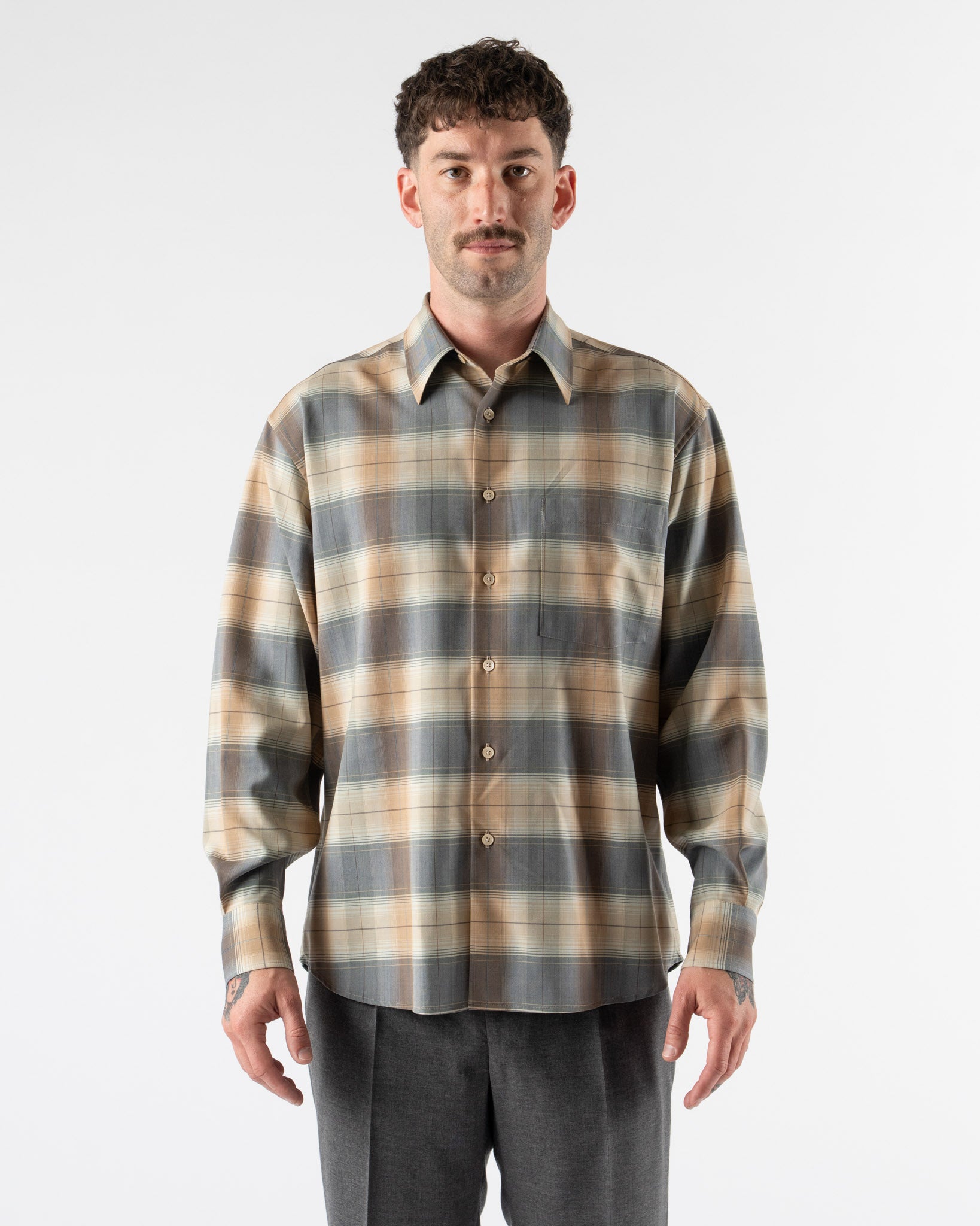 Auralee Super Light Wool Shirt in Light Brown Check