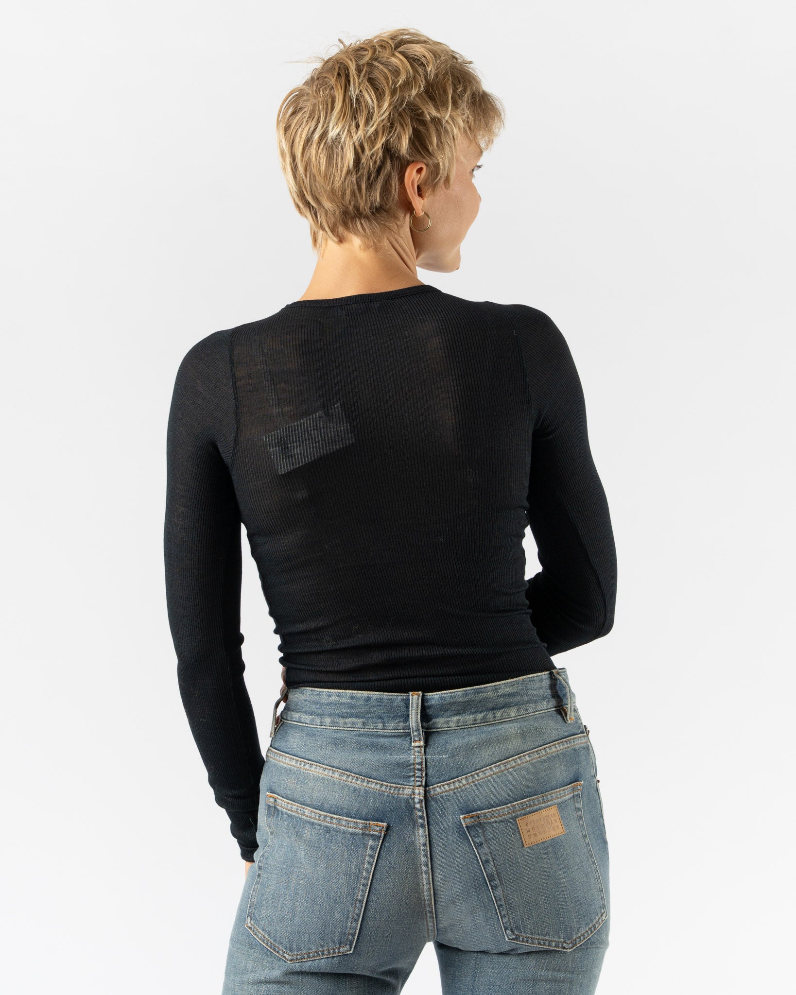 Auralee Wool Silk Soft Long Sleeve Tee in Black