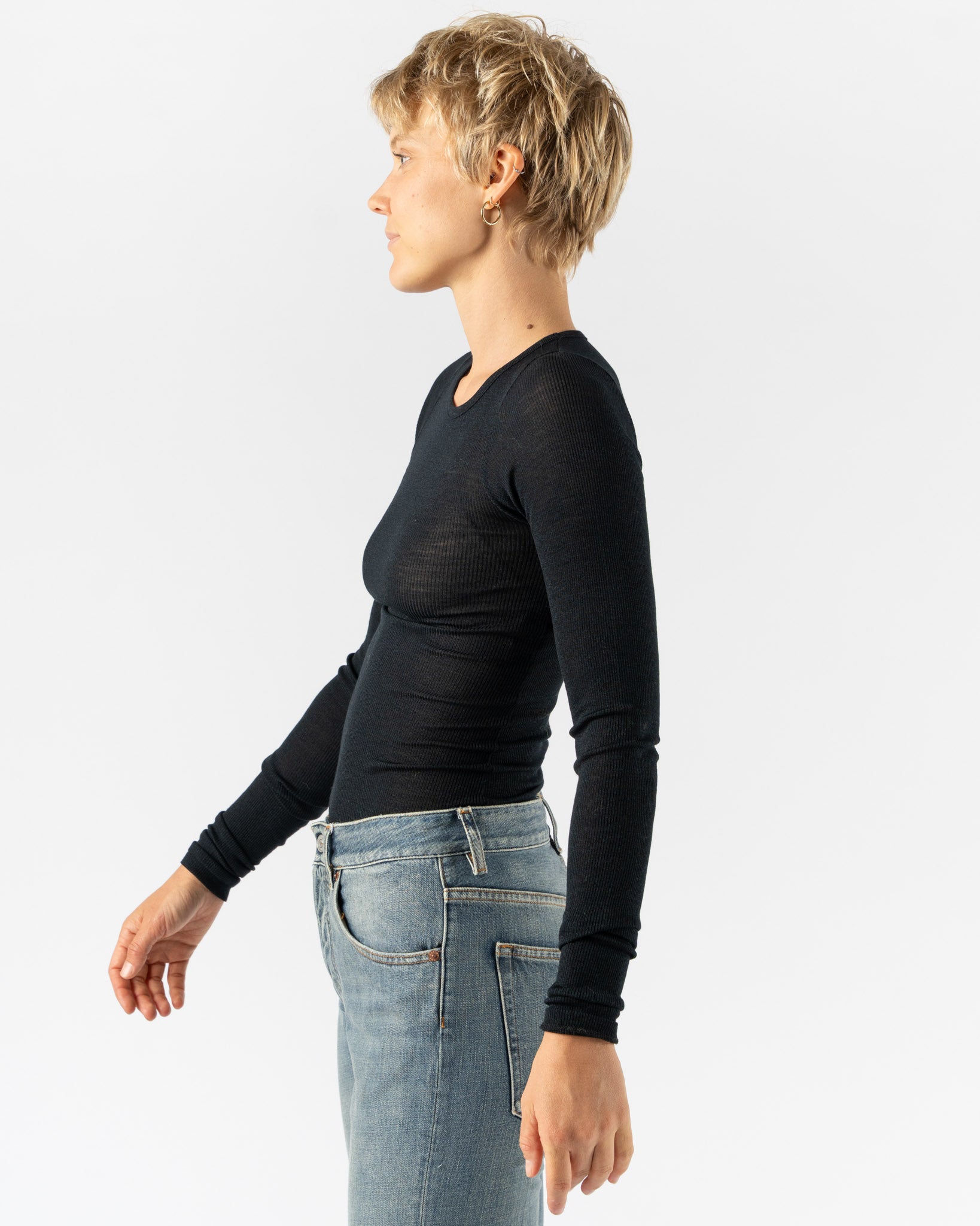 Auralee Wool Silk Soft Long Sleeve Tee in Black