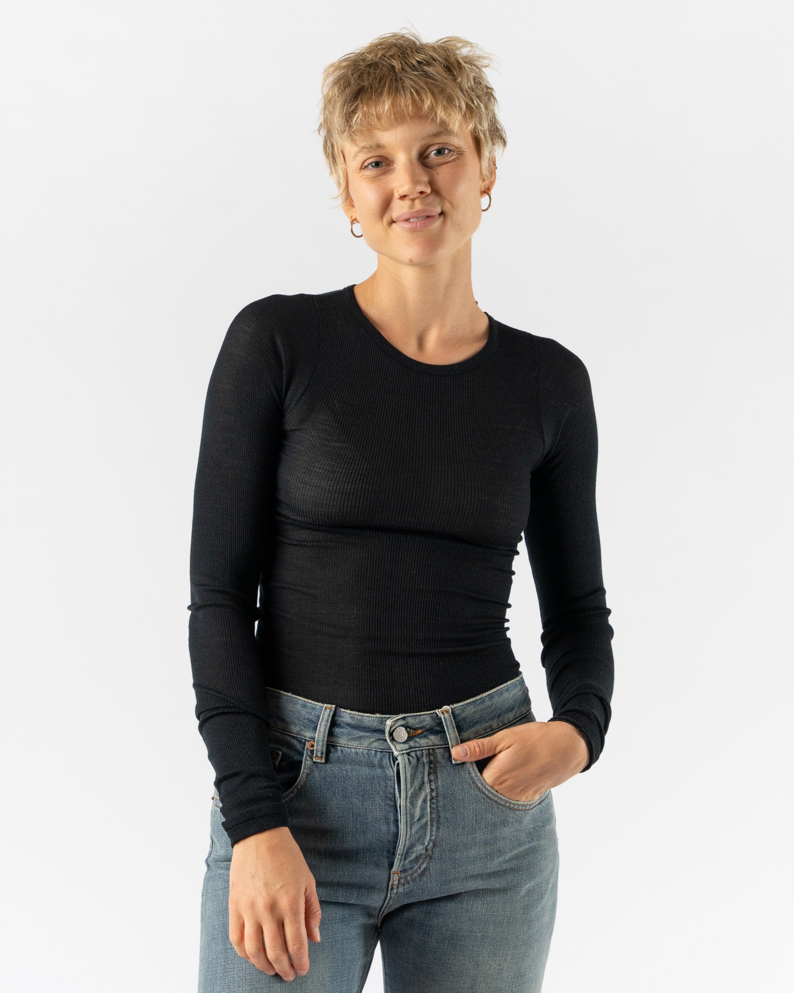 Auralee Wool Silk Soft Long Sleeve Tee in Black