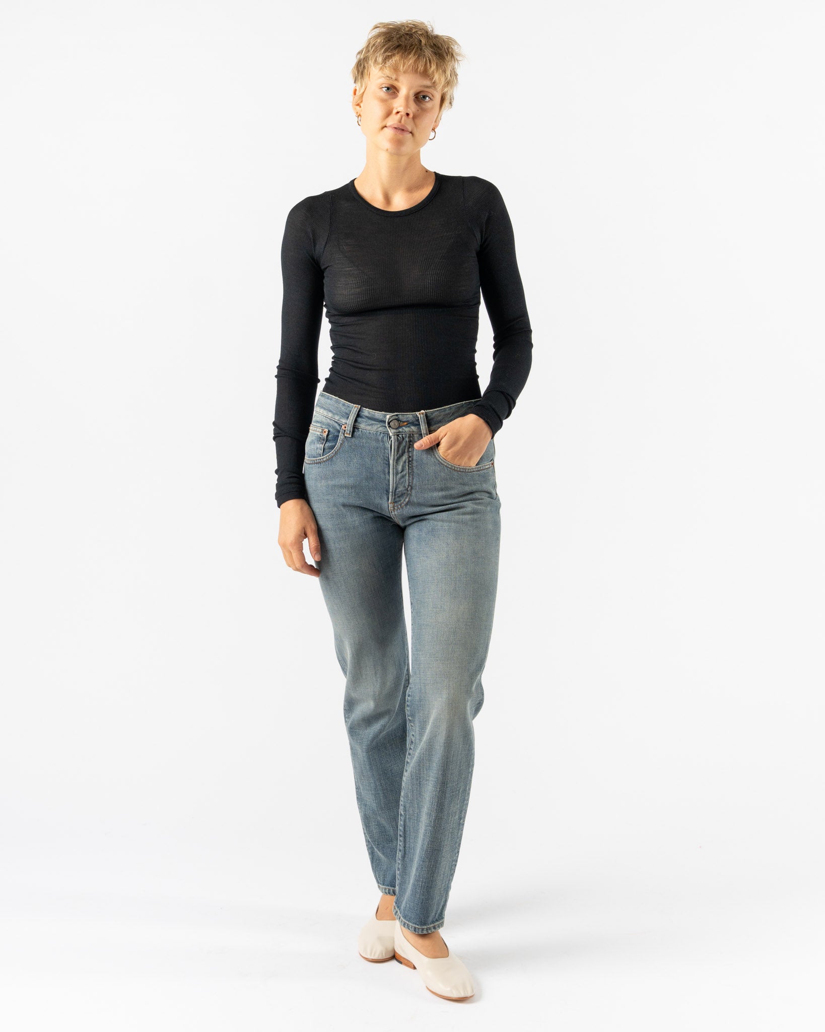 Auralee Wool Silk Soft Long Sleeve Tee in Black