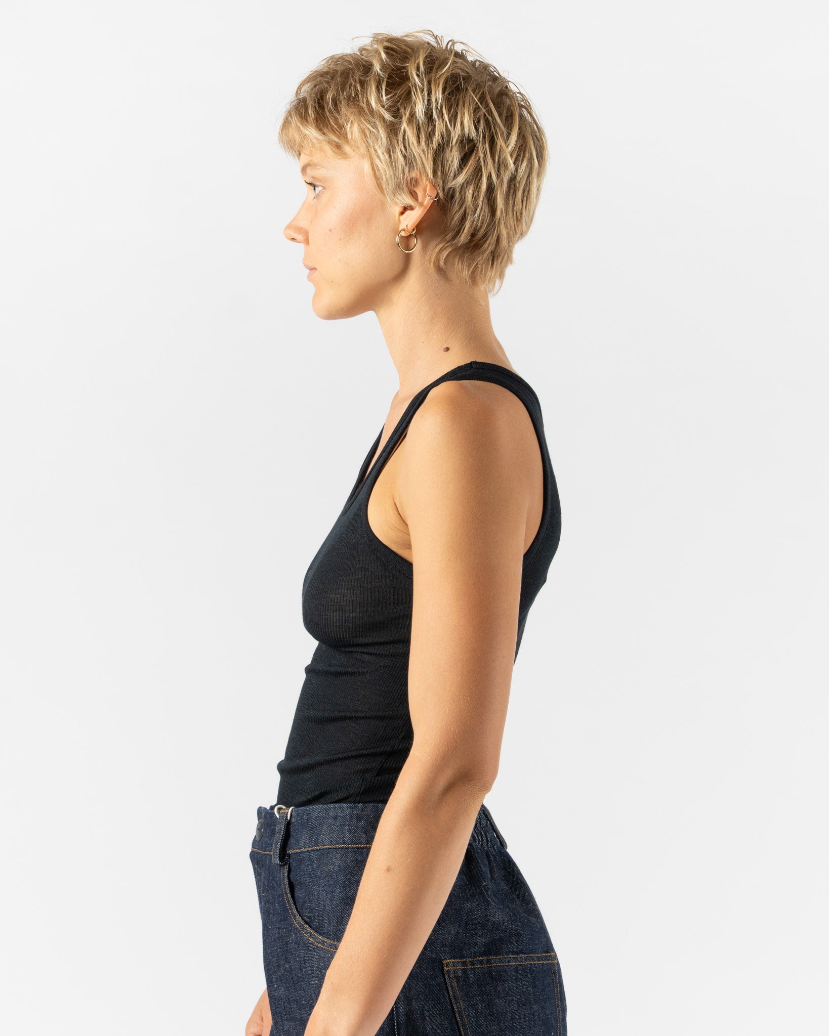 Auralee Wool Silk Soft Rib Tank in Black