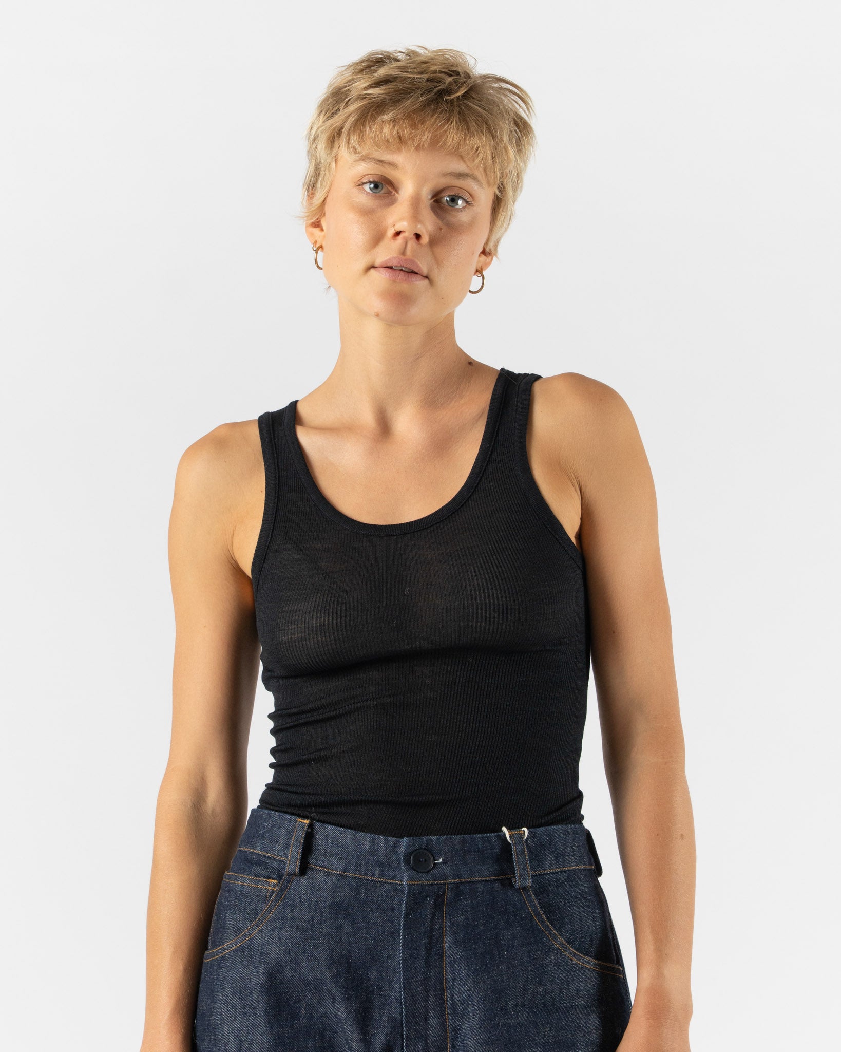 Auralee Wool Silk Soft Rib Tank in Black
