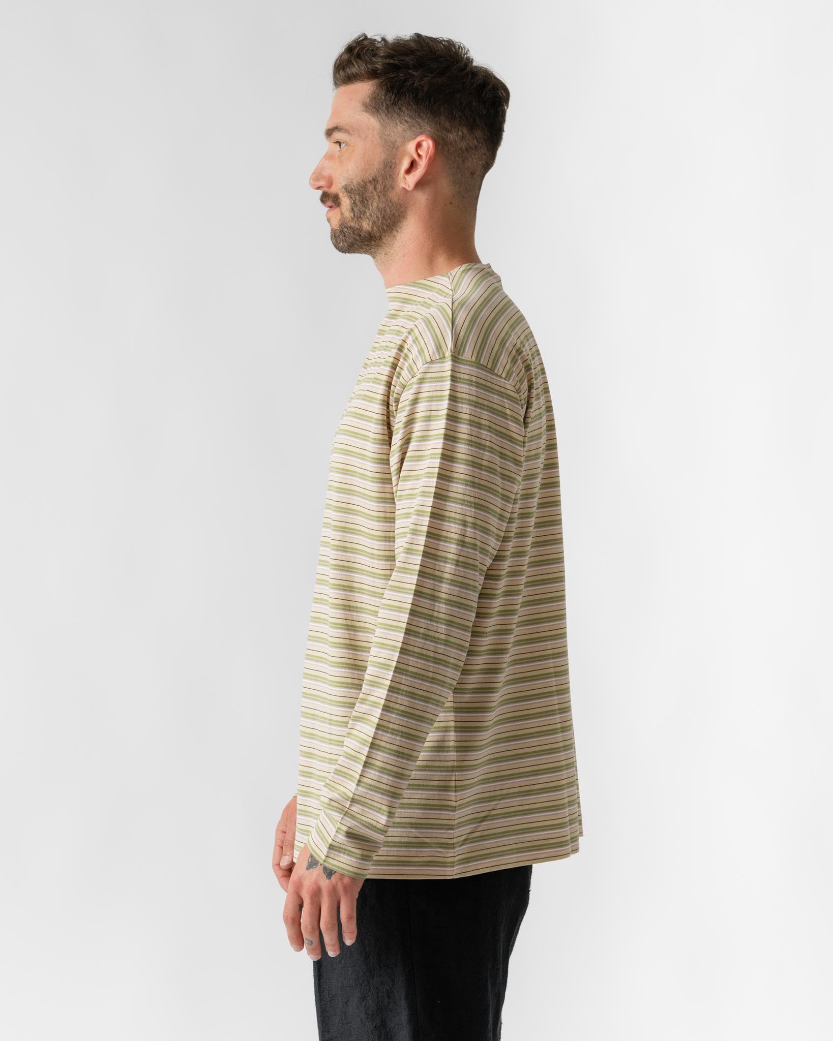 Auralee Hard Twist Cotton Border Boat Neck Long Sleeve Tee in Beige