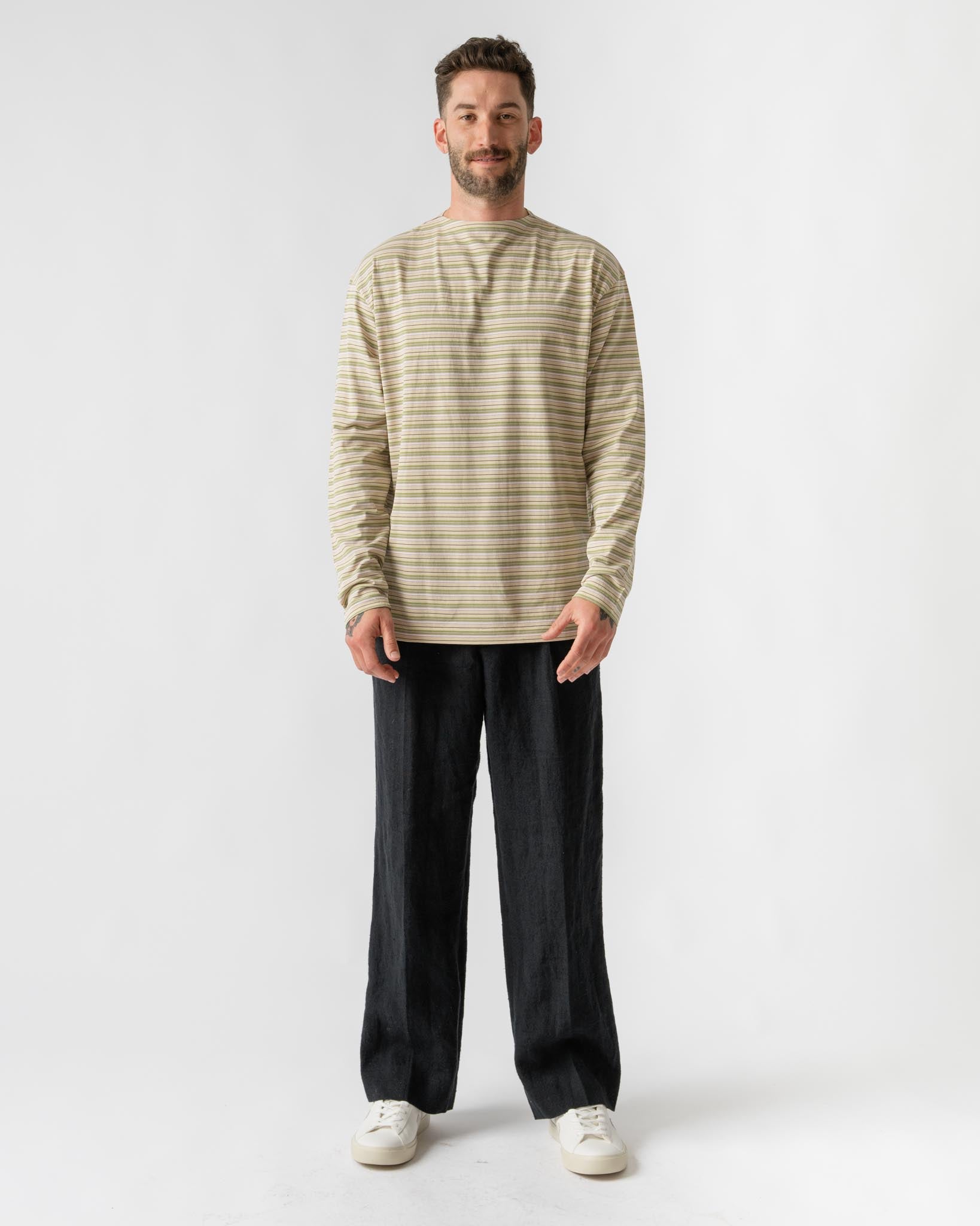Auralee Hard Twist Cotton Border Boat Neck Long Sleeve Tee in Beige
