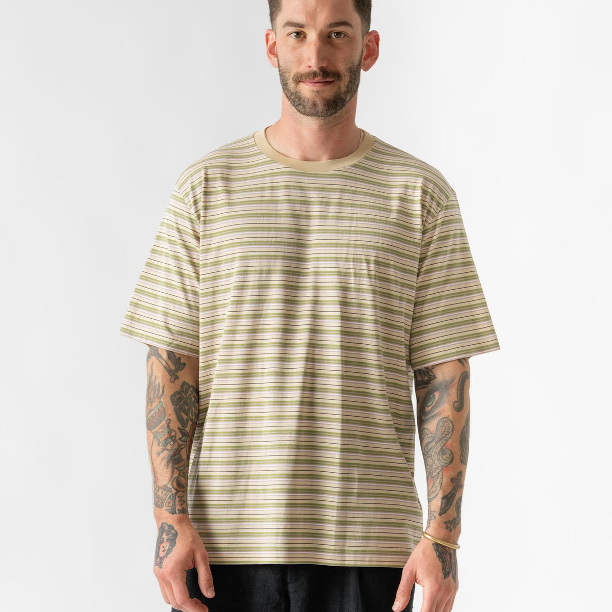 Auralee Hard Twist Cotton Border Tee in Beige Curated at Jake and 