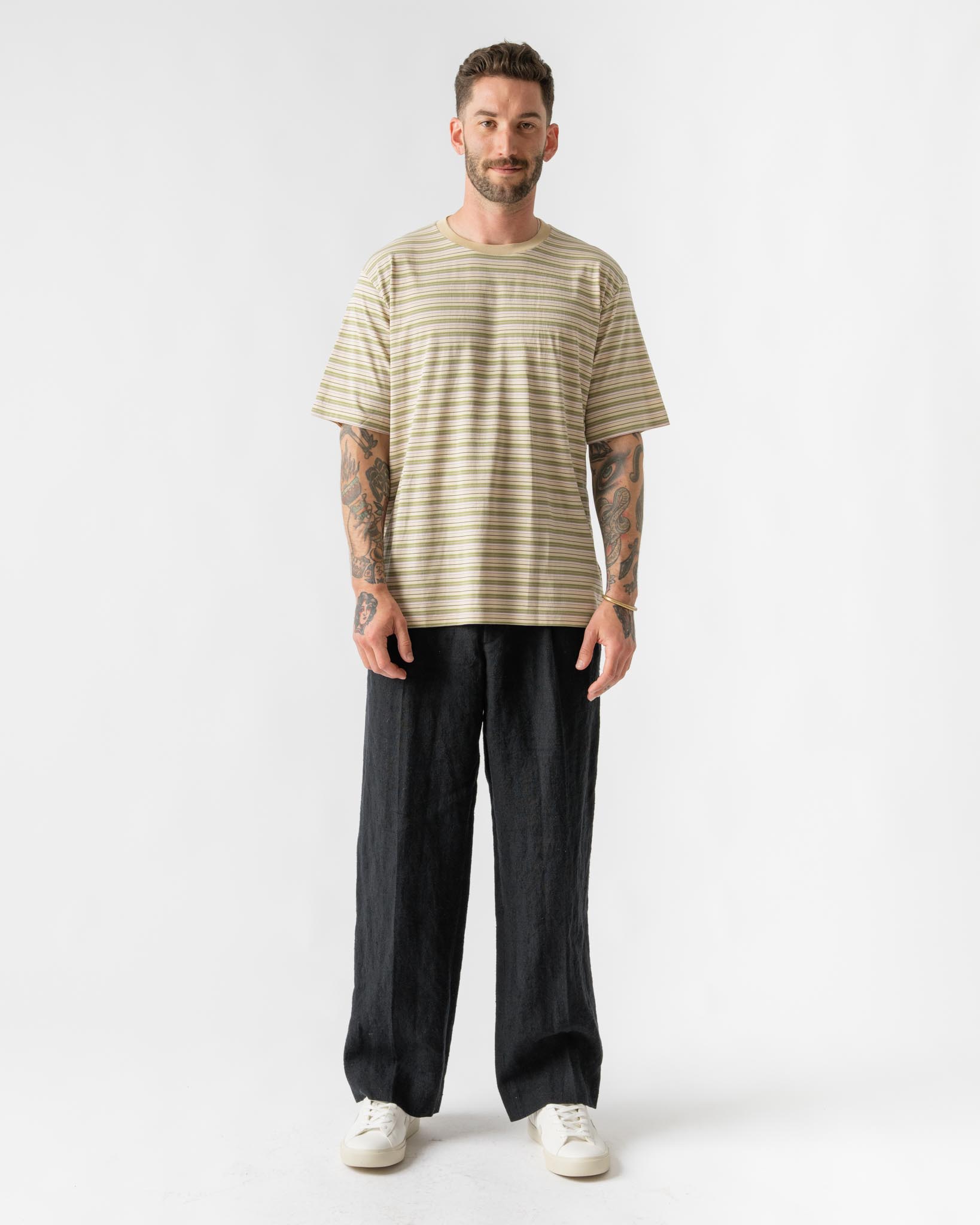 Auralee Hard Twist Cotton Border Tee in Beige