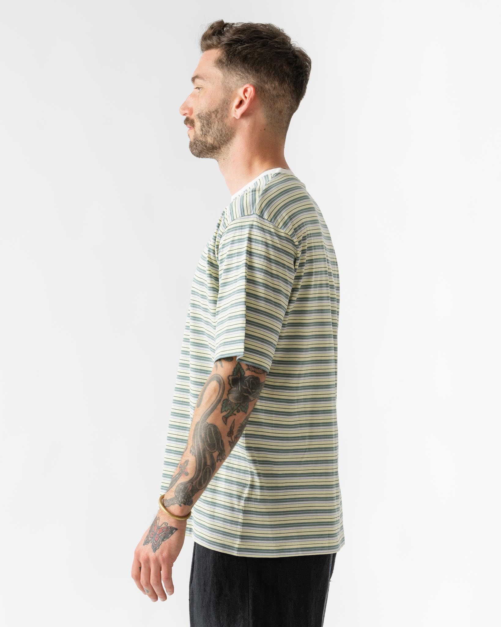 Auralee Hard Twist Cotton Border Tee in Light Green