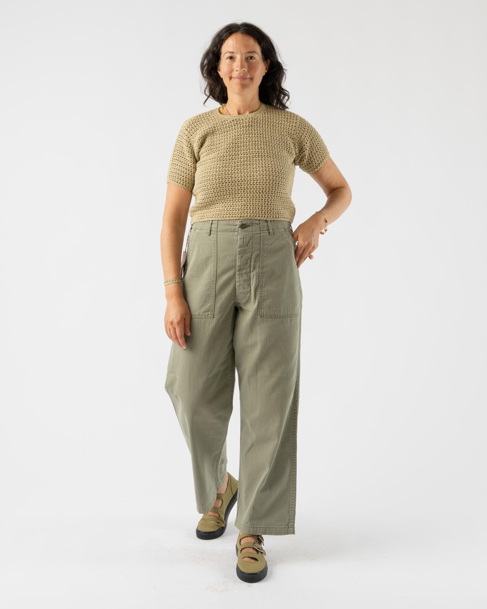 Auralee Hand Crochet Knit Tee in Khaki Beige