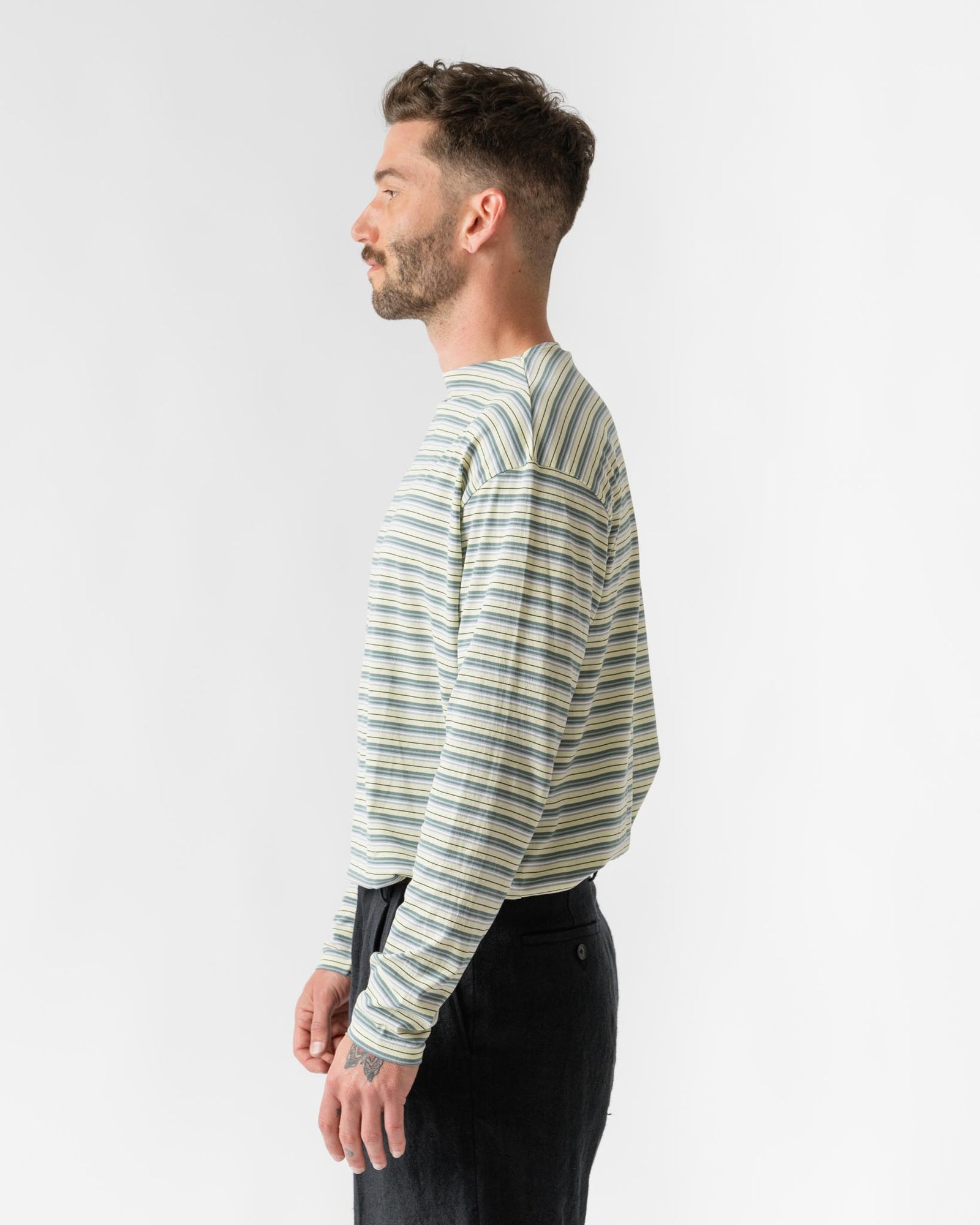 Auralee Hard Twist Cotton Border Boat Neck Long Sleeve Tee