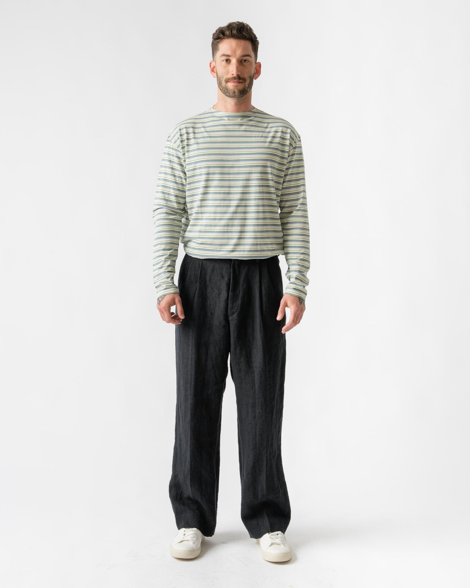 Auralee Hard Twist Cotton Border Boat Neck Long Sleeve Tee in Light Green  Curated at Jake and Jones