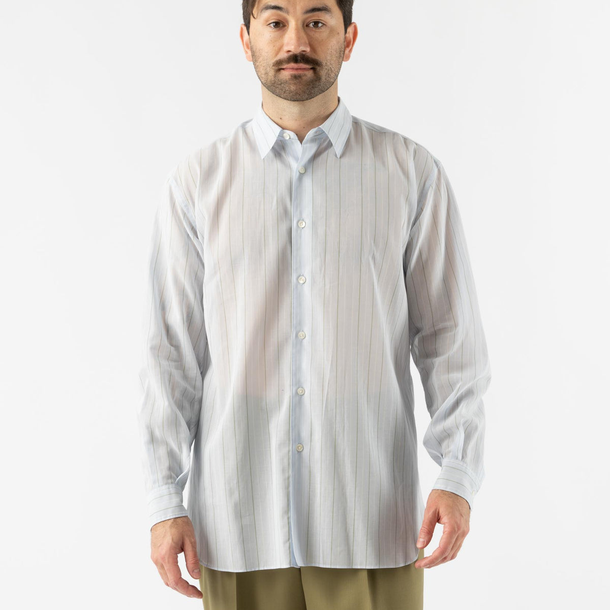 Auralee Mens Hard Twist Finx Organdy Stripe Shirt in Light Blue 